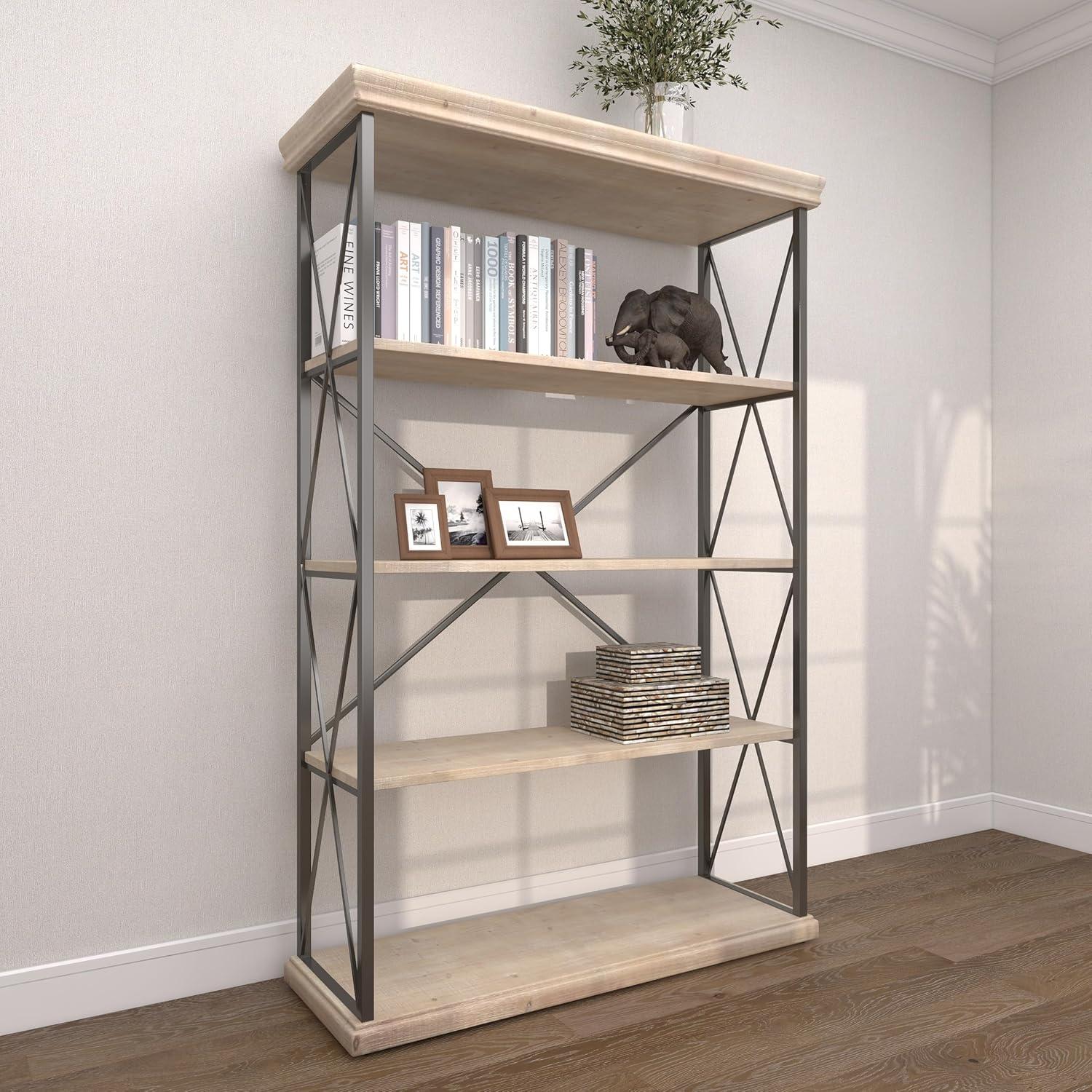 72" Farmhouse 4 Tier Shelf Brown - Olivia & May: Industrial Style Hardwood Bookcase with Storage Bins