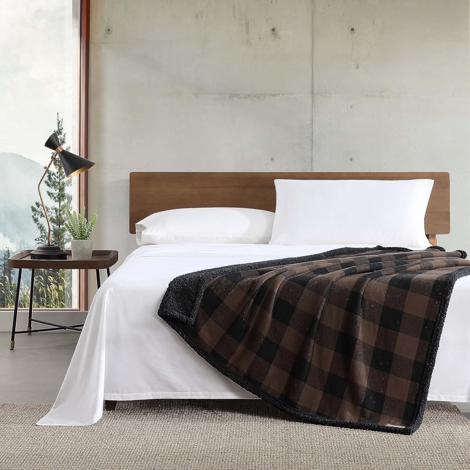 Eddie Bauer Cabin Plaid Flannel/Sherpa Throw Blanket