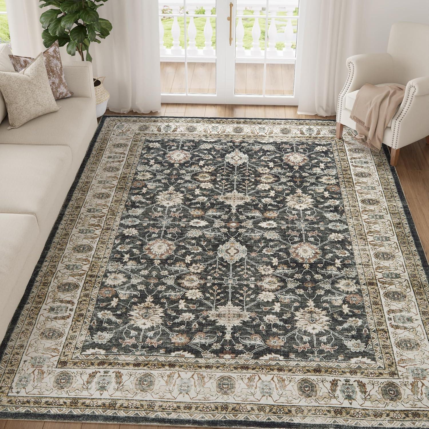 WhizMax 8'x10' Area Rug Vintage Washable Area Rugs Non-Slip Boho Floral Print Rug Persian Distressed Soft Low-Pile Carpet for Dining Room Playroom, Black