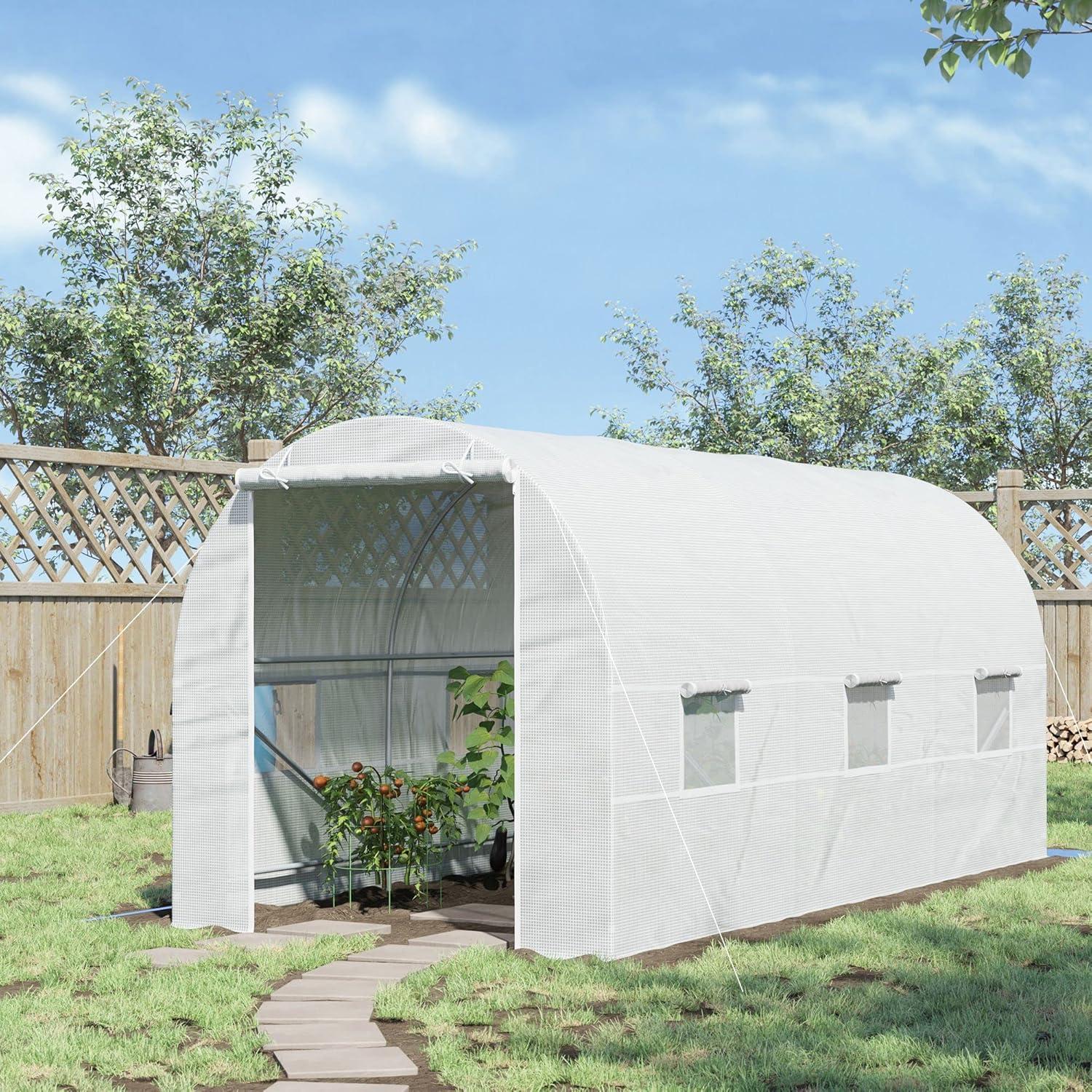 Outsunny Walk-In Tunnel Greenhouse, Large Garden Hot House Kit with 6 Roll-up Windows & Roll Up Door, Steel Frame