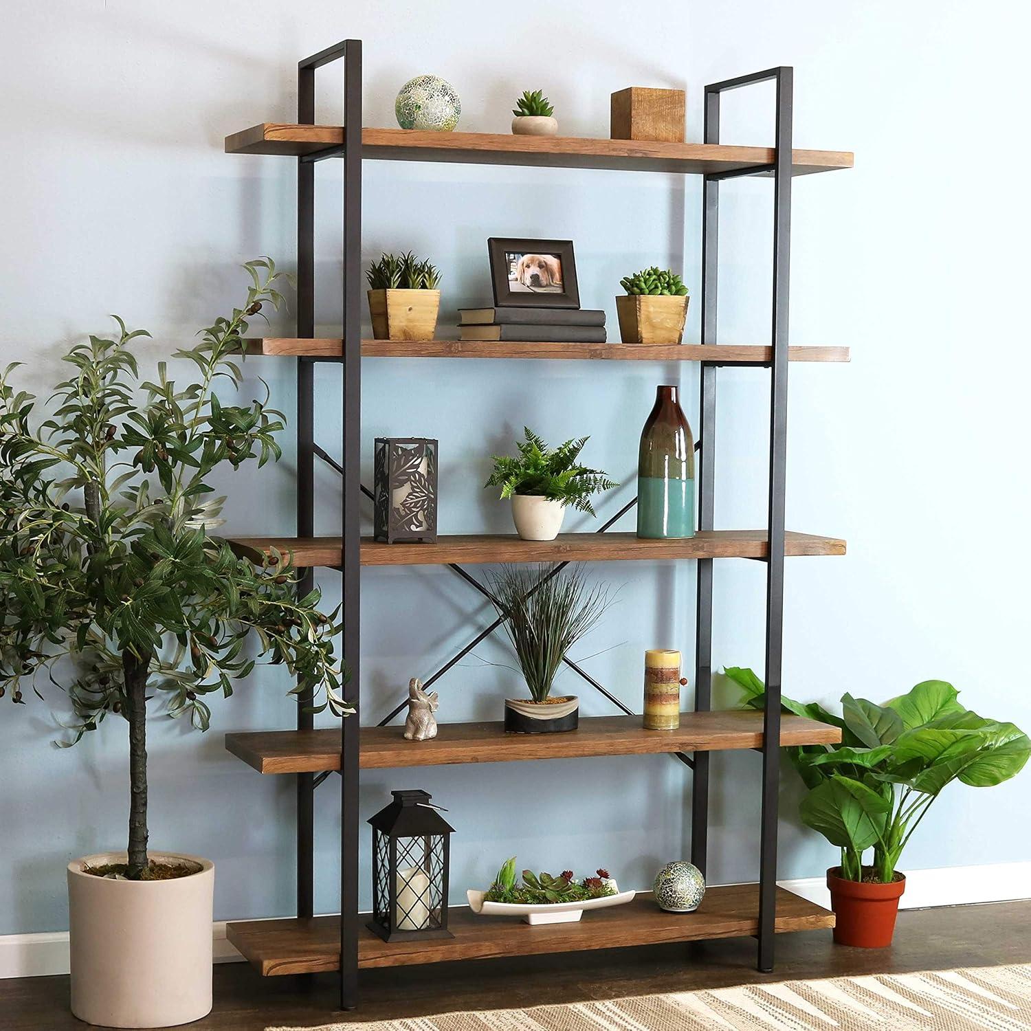 Adjustable Teak Veneer 5-Tier Freestanding Industrial Bookshelf