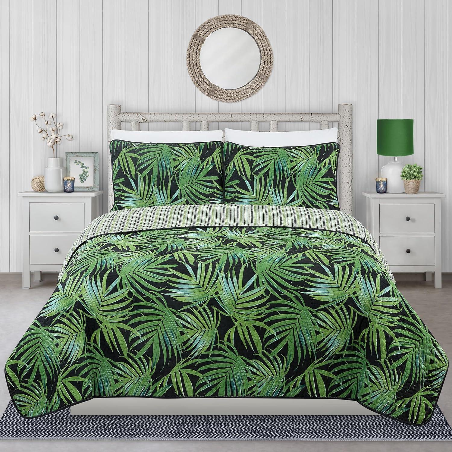 Full Green Palm Leaf Microfiber Quilt Set