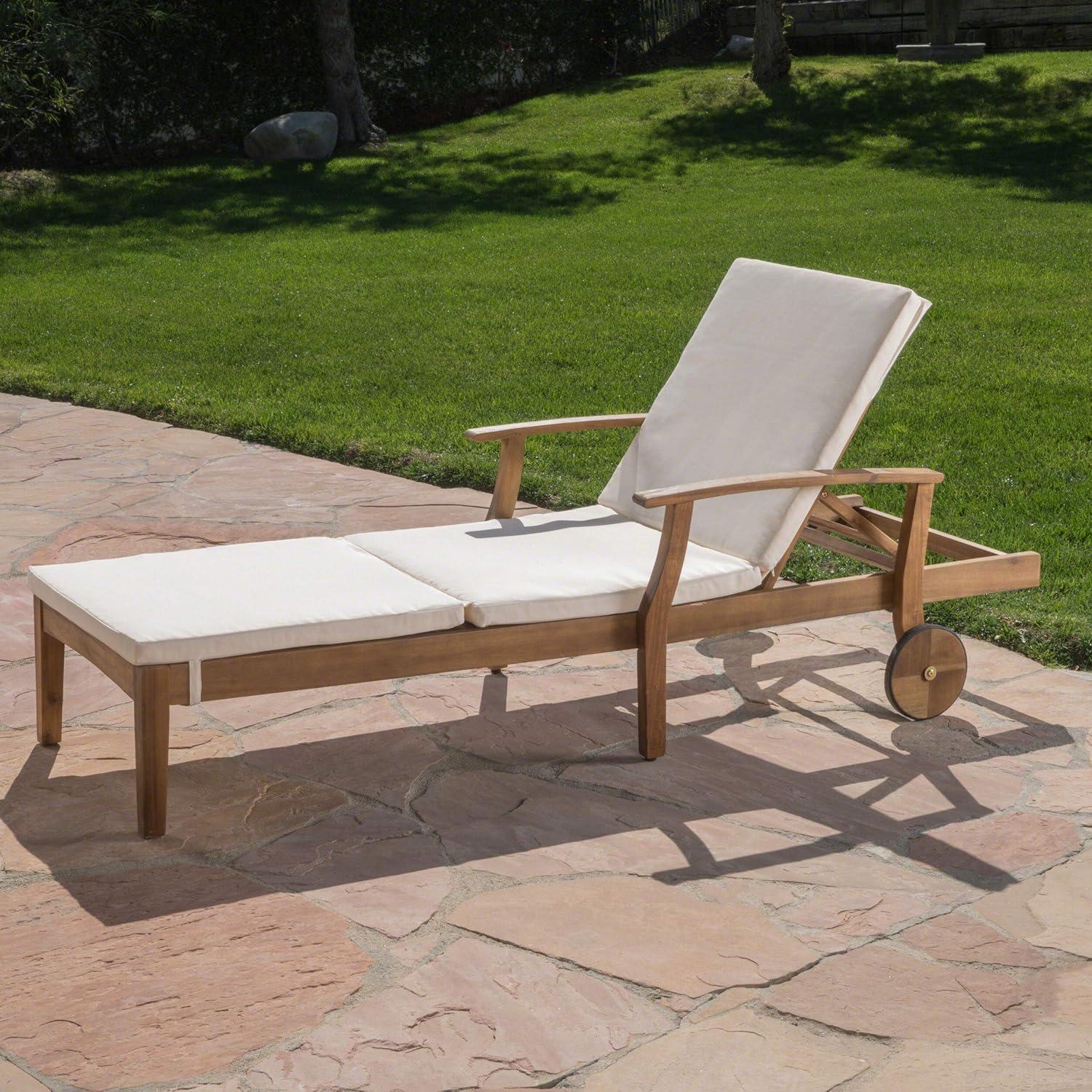 Perla Acacia Chaise Lounge - Teak/Cream - Christopher Knight Home: Patio Furniture with Wheels