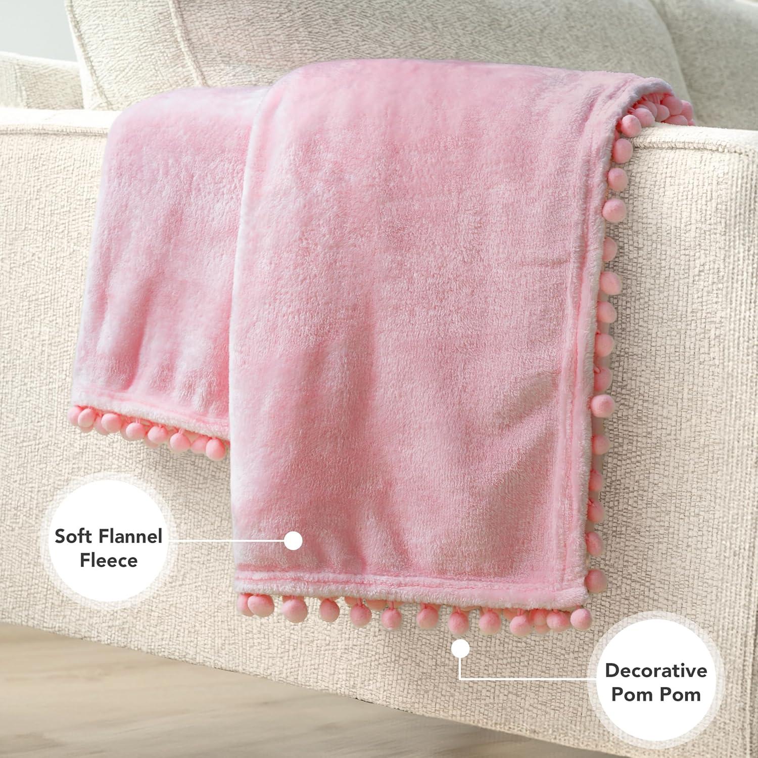 PAVILIA Fleece Throw Blanket for Couch with Pom Pom Fringe, Light Pink, Soft Cozy Fuzzy Flannel Blanket for Sofa Bed, Lightweight Plush All Season Throw, 50x60 Inches