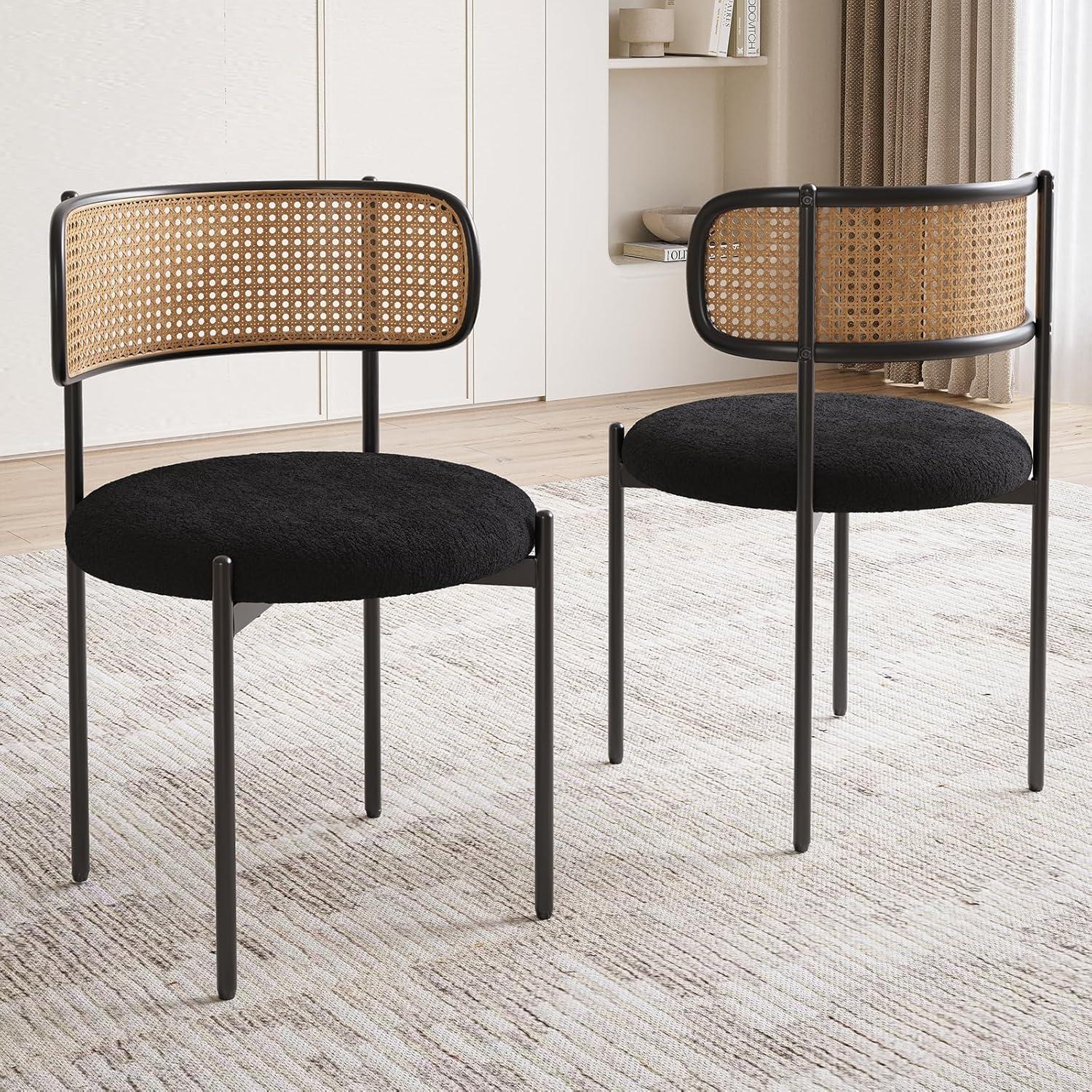 Bay Isle Home™ Kitchen Chairs Set Of 2, Mid-Century Modern Dining Chairs,Kitchen Dining Room Chairs, Rattan Backrest Round Upholstered Dining Chairs,Beige