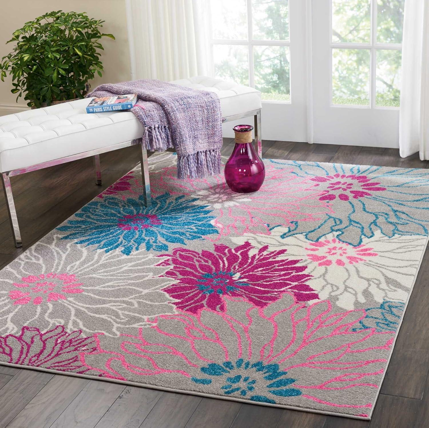 Gray and Pink Floral Synthetic 5' x 7' Area Rug