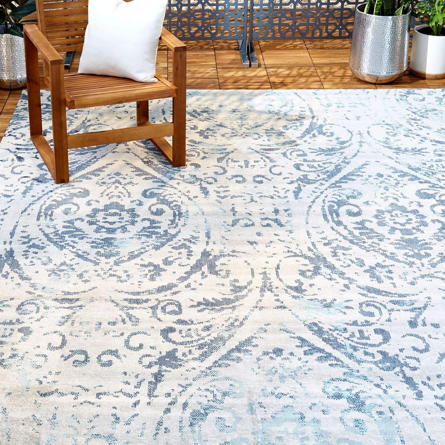 Nicole Miller New York Patio Sofia Juniper Paisley Indoor/Outdoor Area Rug, Ivory/Blue