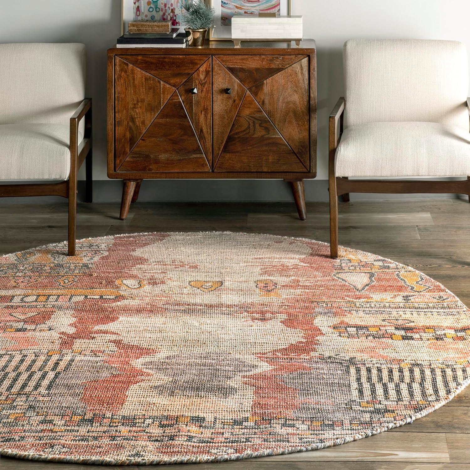 Nuloom Hermina Abstract 6 Round Jute Indoor Area Rug for Dining Room Rug Neutral Rug Living Room Rug Kitchen, Multicolor/Ivory