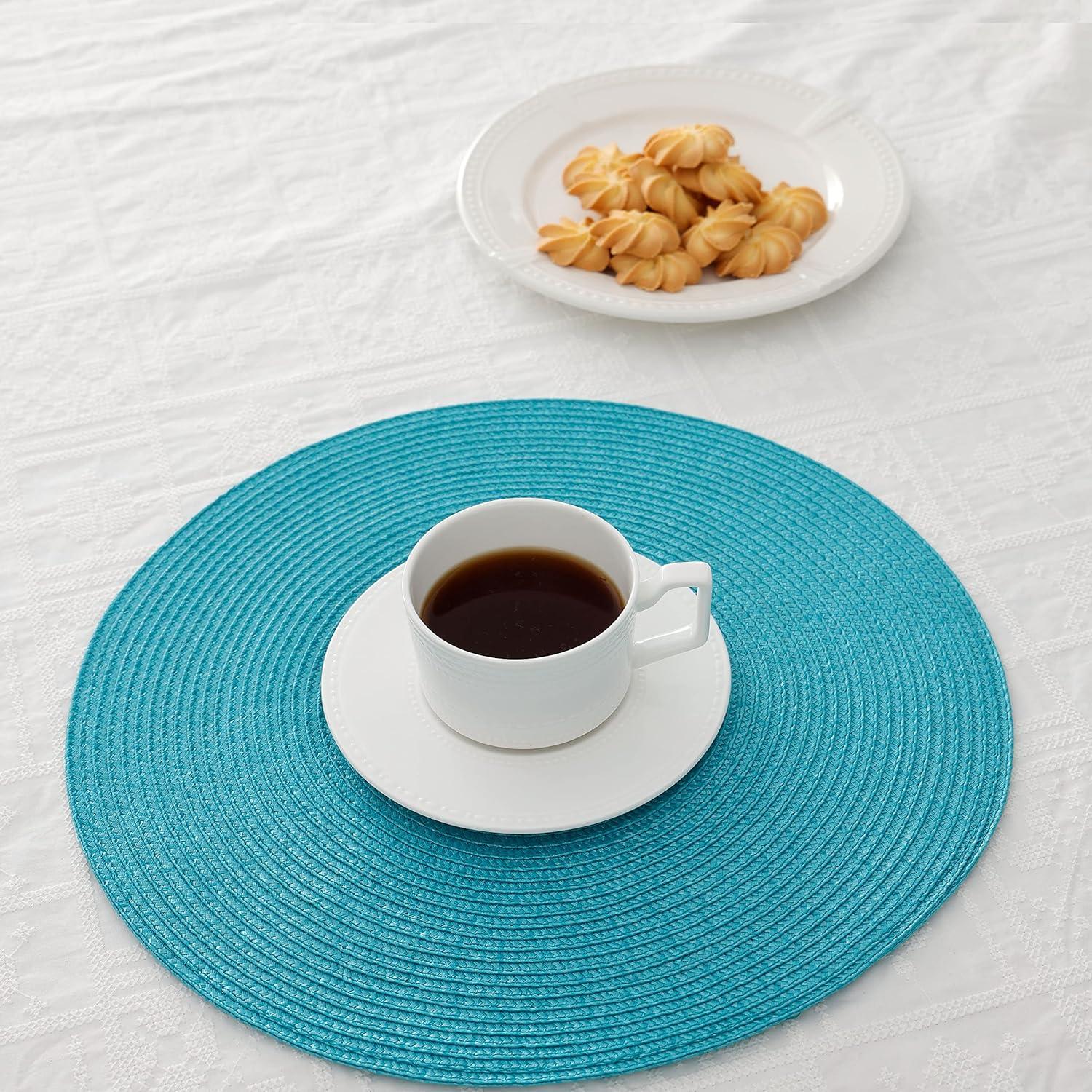 Aqua Woven Round Placemats Set of 6, 14.75"