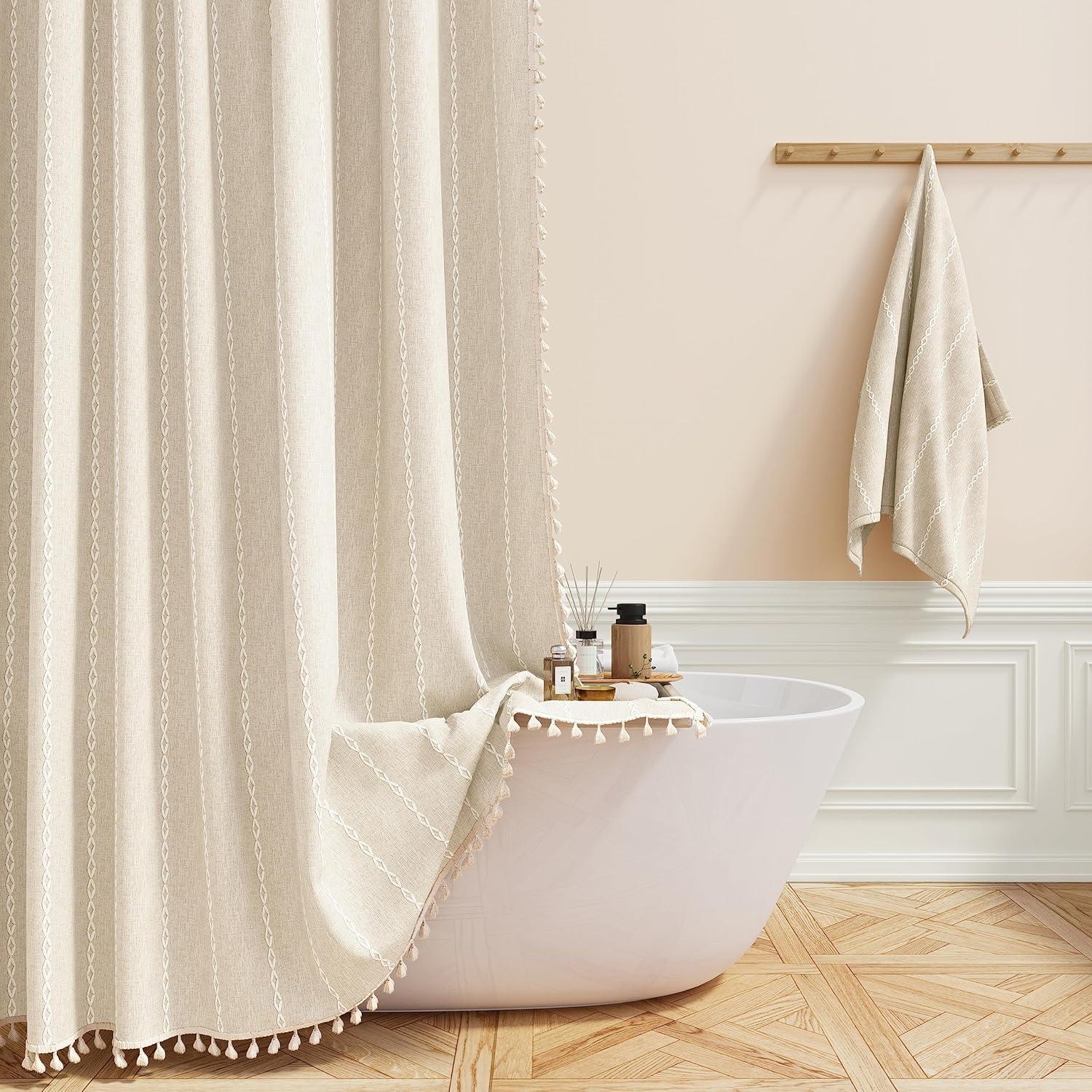 Beige Linen Boho Farmhouse Shower Curtain with Tassels