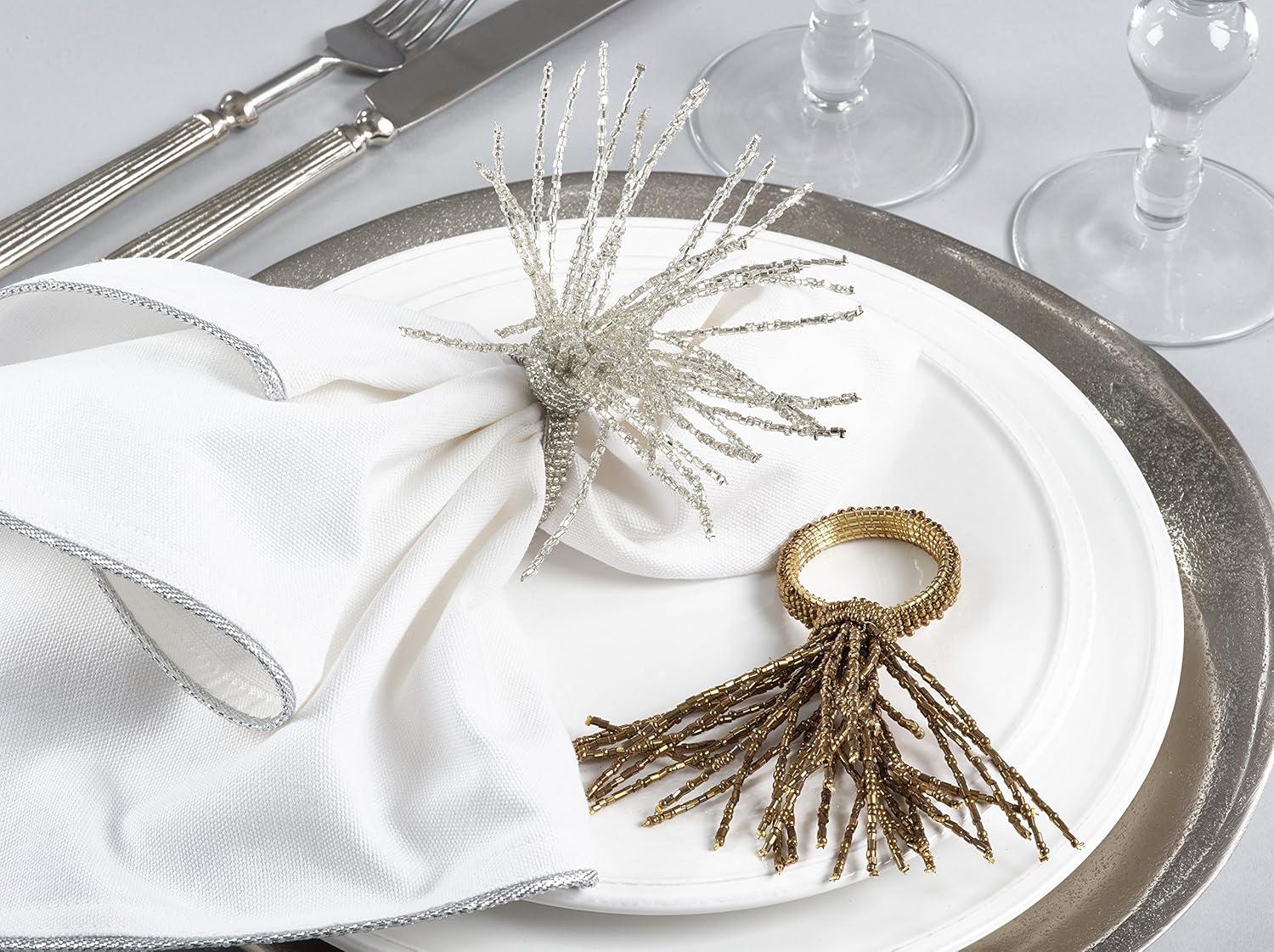 Saro Lifestyle Beaded Spray Design Wedding Special Event Napkin Ring (Set of 4), Silver