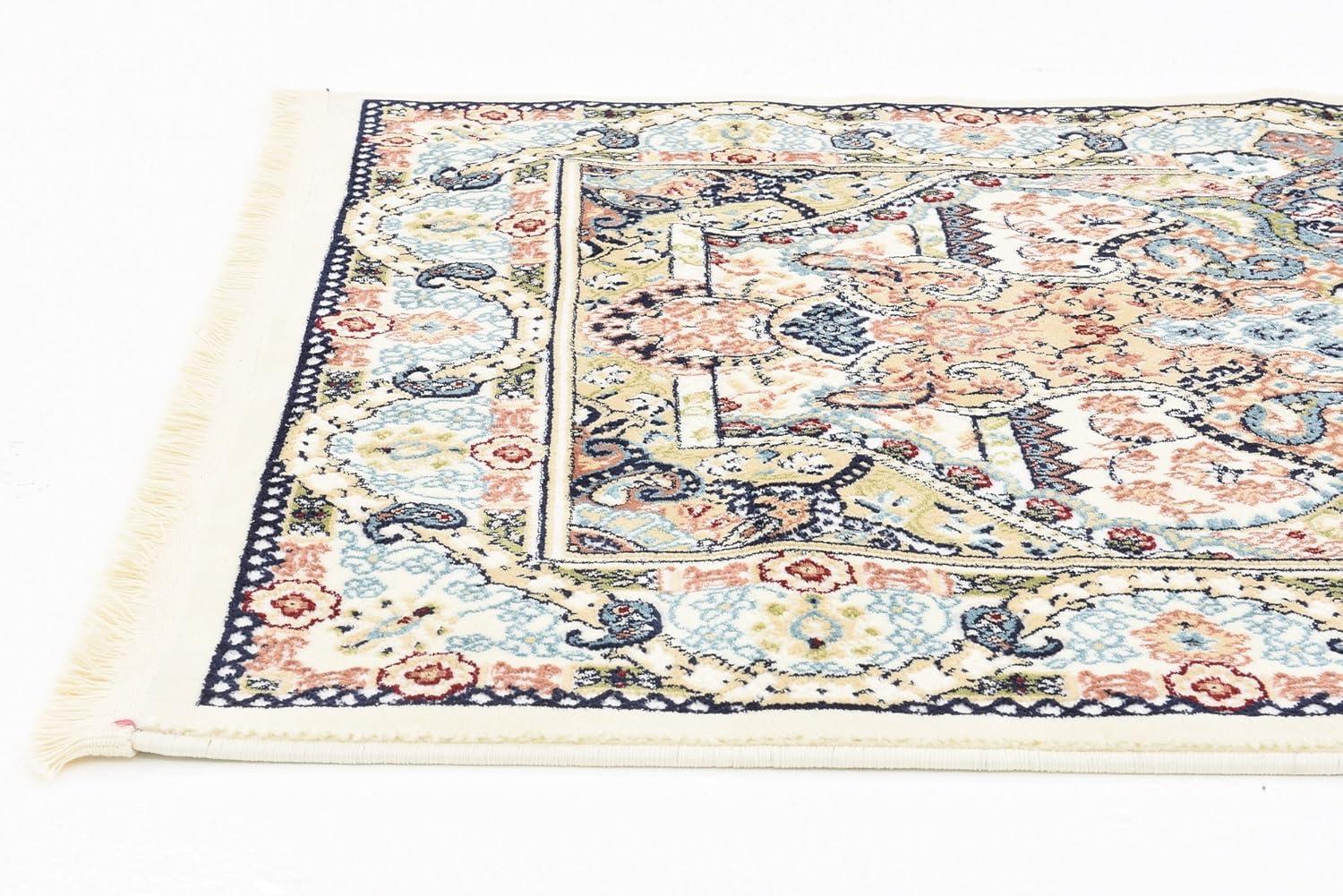 Ivory and Blue Rectangular Stain-Resistant Synthetic Rug