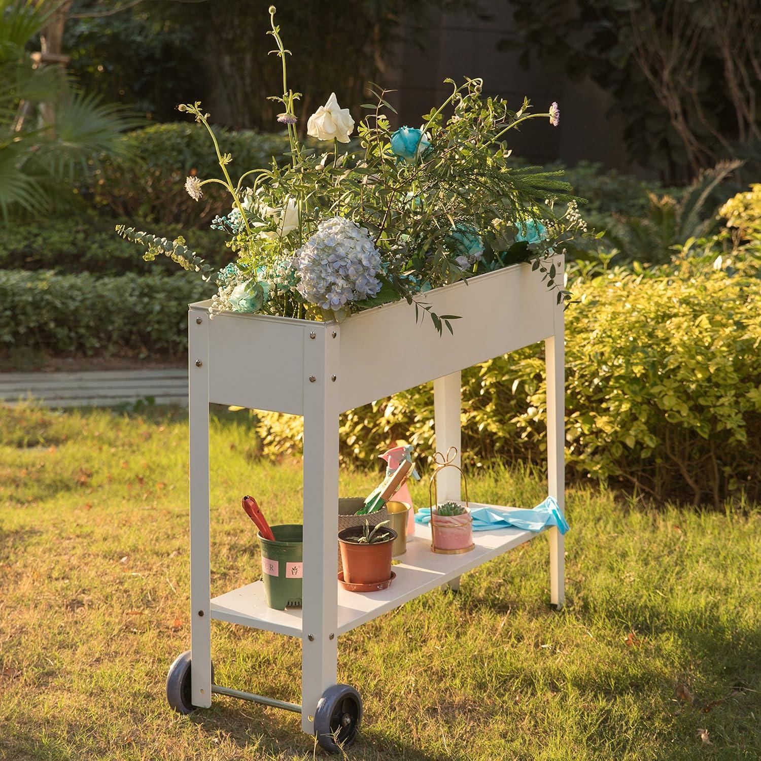 Elevated White Metal Mobile Planter Cart with Storage Shelf