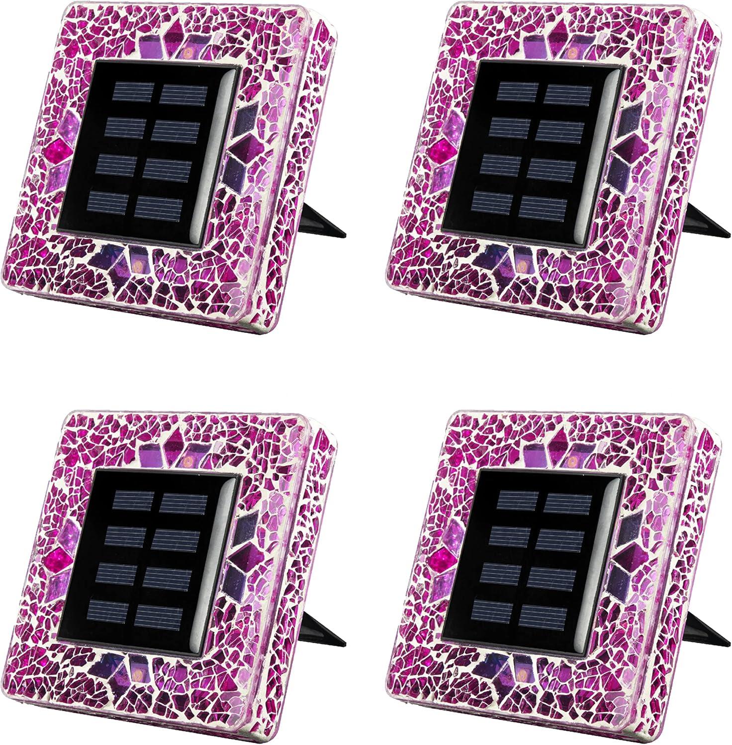 Radiant Pink Mosaic Glass Solar LED Pathway Lights, 4-Pack