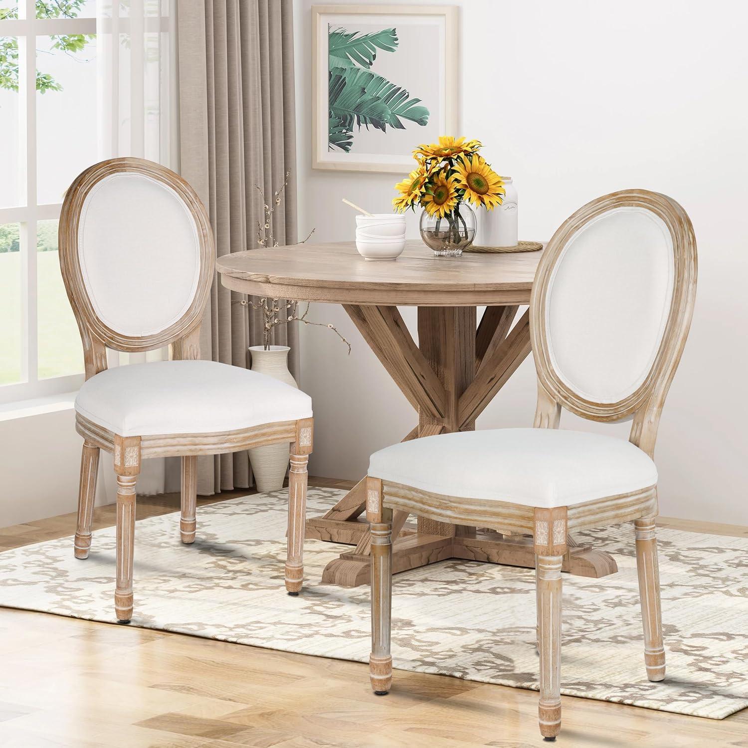 French Country Dining Chairs Set of 4, Cream Kitchen & Dining Room Chairs Set of 4, Ivory Linen Upholstered Dining Chairs, Wood Legs, Sillas De Comedor (Fabric, Beige, 4Pcs)