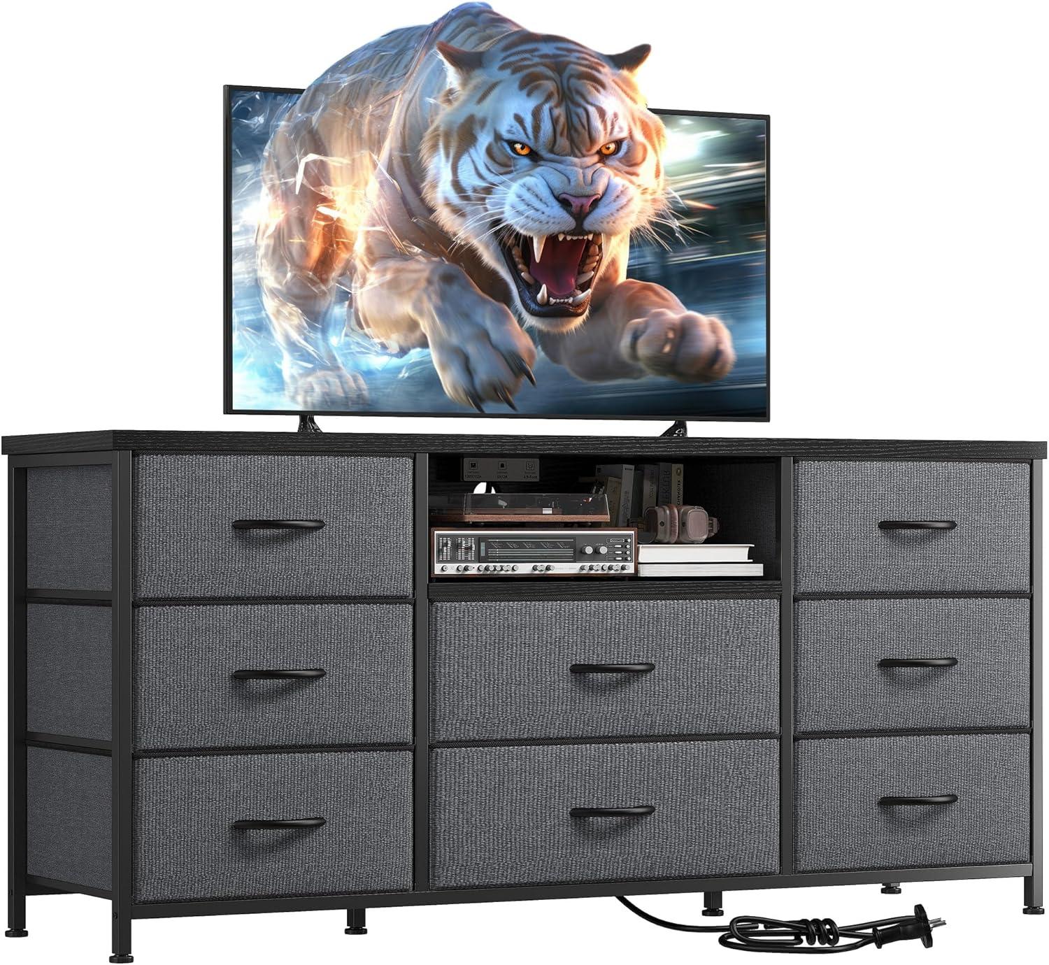 Lwory Dresser TV Stand with Power Outlet Entertainment Center with 8 Fabric Deep Drawers Media Console Table for 55" TV Wide Storage Drawer Dresser for Bedroom, Living Room, Entryway, Grey