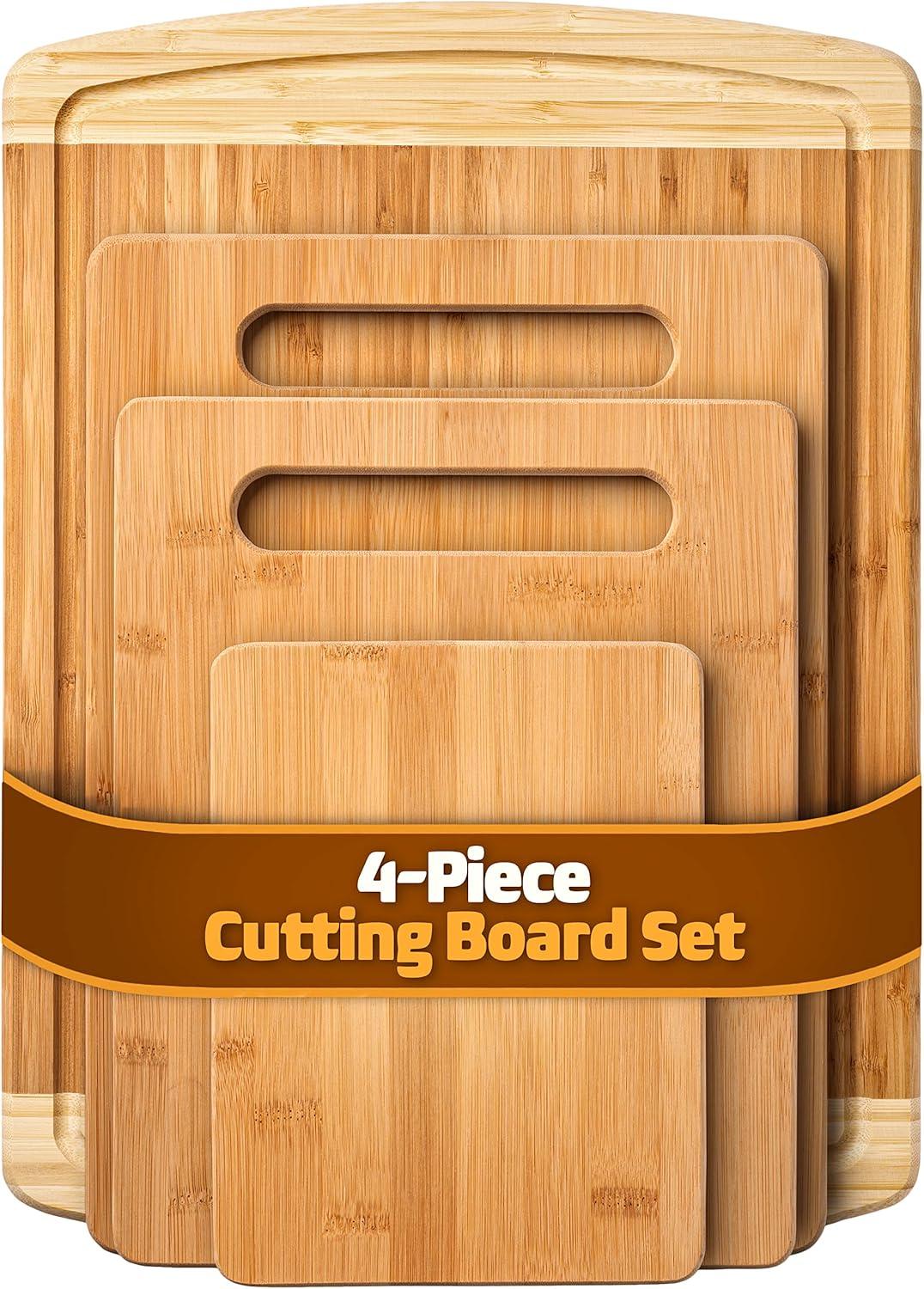 Bamboo Wood Cutting Board Set - Chopping Board with Juice Groove for Meat, Cheese & Vegetables - Butcher Block, Cheese & Charcuterie Board (Set of 4)