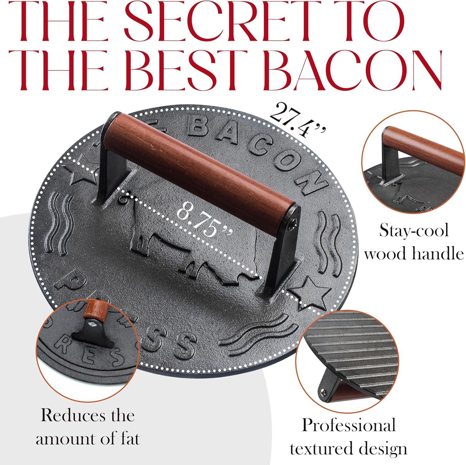 Bellemain 8.5-Inch Cast Iron Bacon Press – Heavy-Duty Grill Press for Perfect Bacon, Steak & More