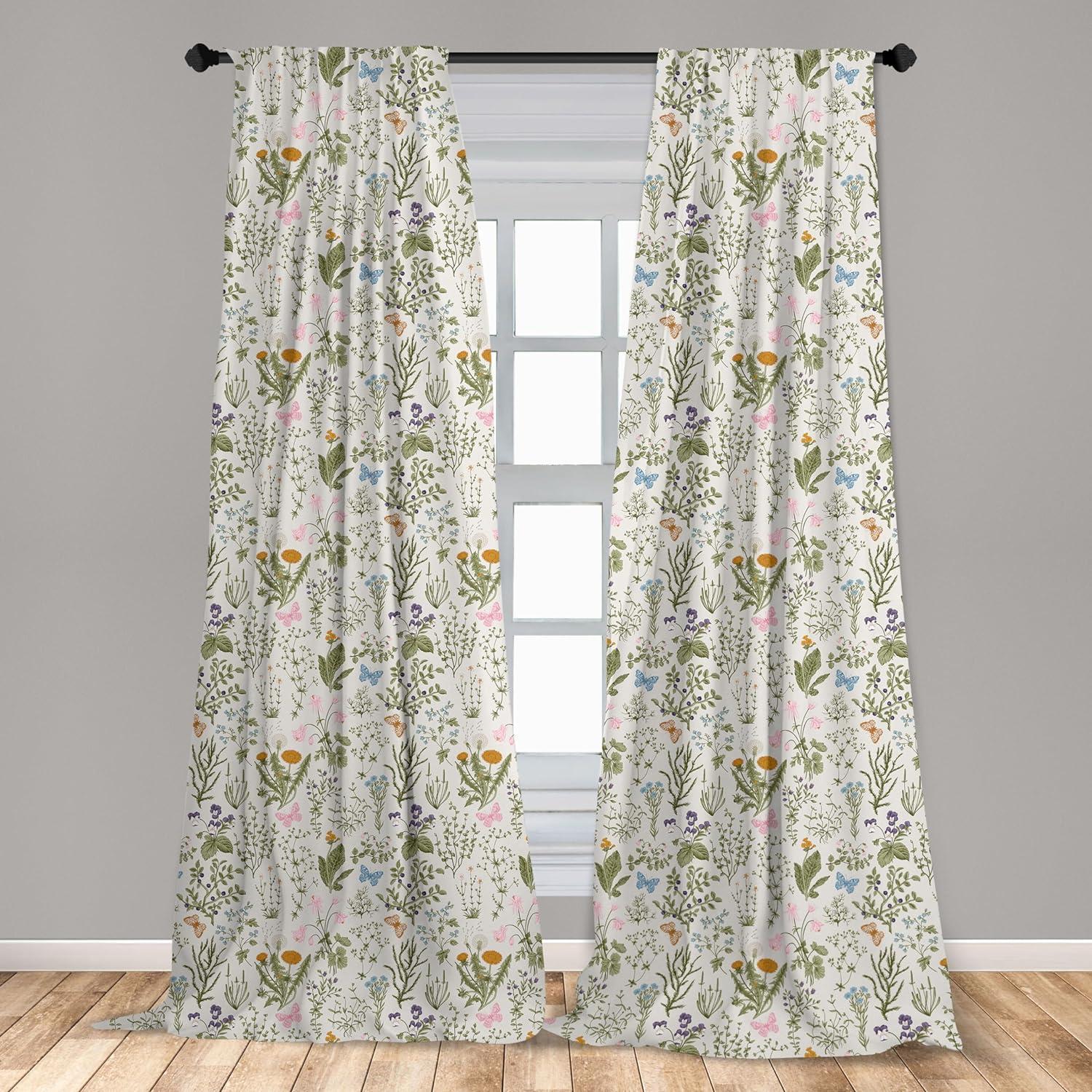 Ambesonne Floral Curtains, Vintage Garden Plants, Pair of 28"x95", Reseda Green Beige