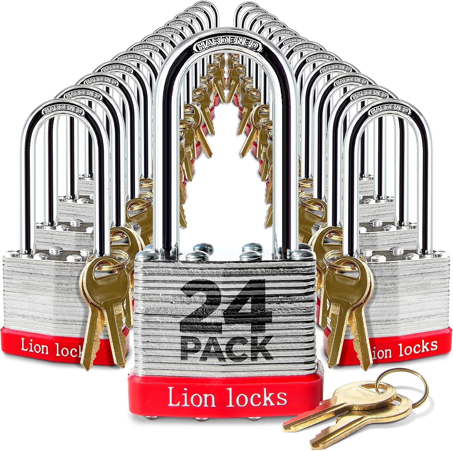 Lion Locks 24 Keyed Alike Padlocks with 2" Long Shackle, 48 Keys - Padlocks for Outdoor Use