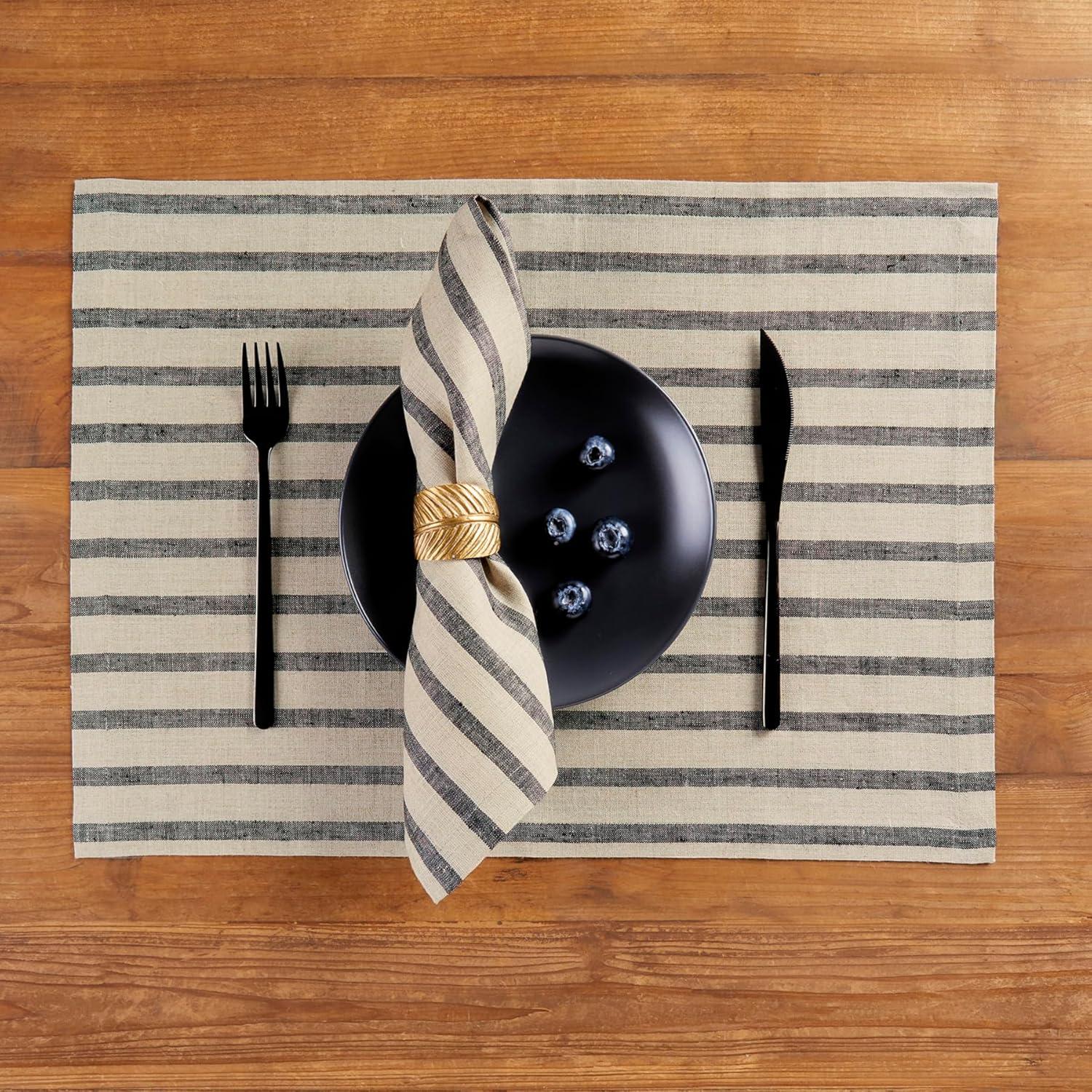 Black and Natural Linen Striped Dinner Napkins Set of 4