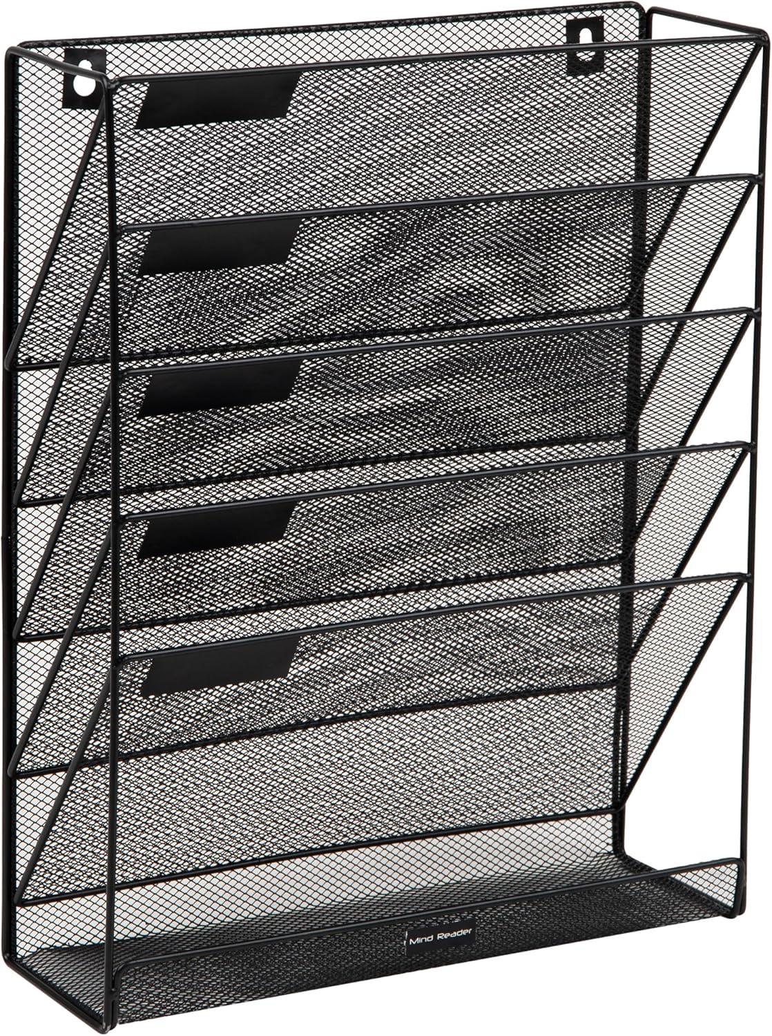 Mind Reader 5-Tier Vertical File Storage, Desktop Organizer, Wall Mount, Office, Metal Mesh, 12.75"L x 4"W x 16"H