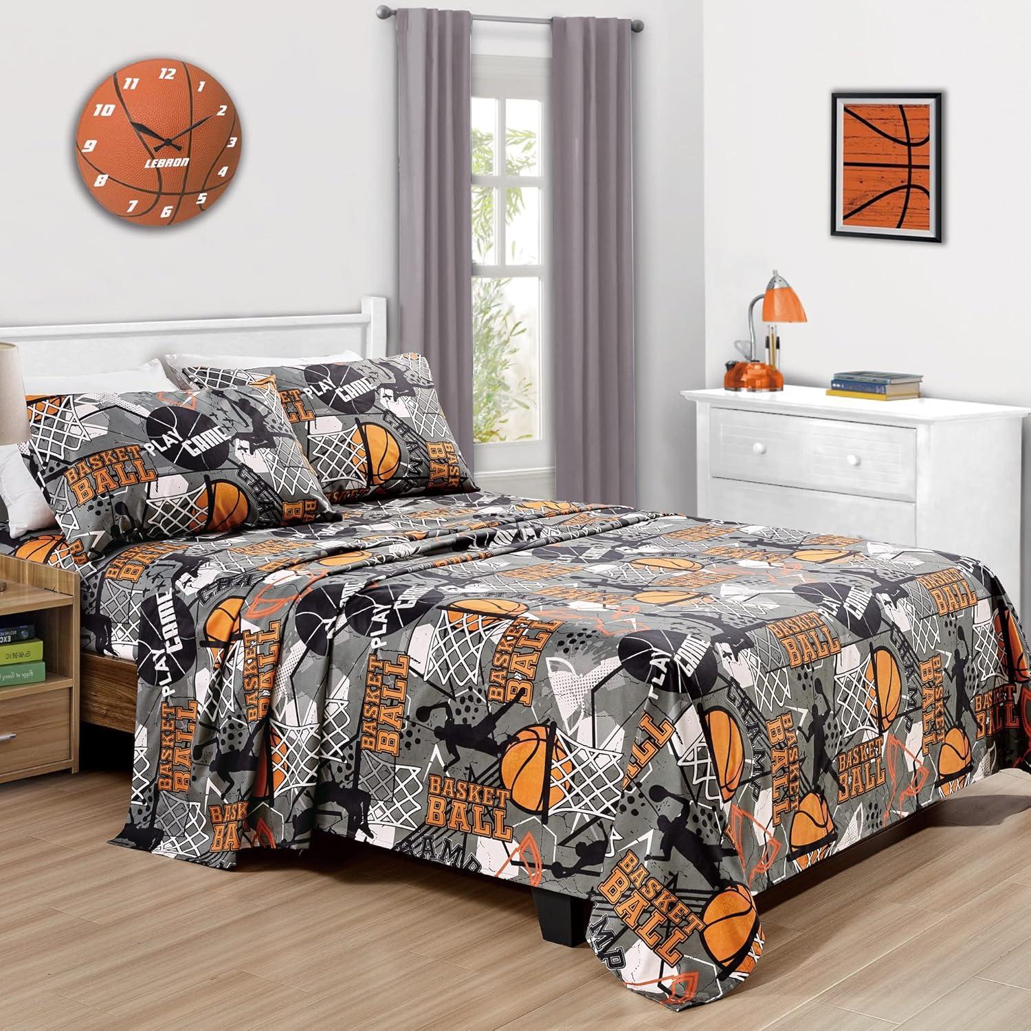 Full Gray and Orange Basketball Print Microfiber Sheet Set