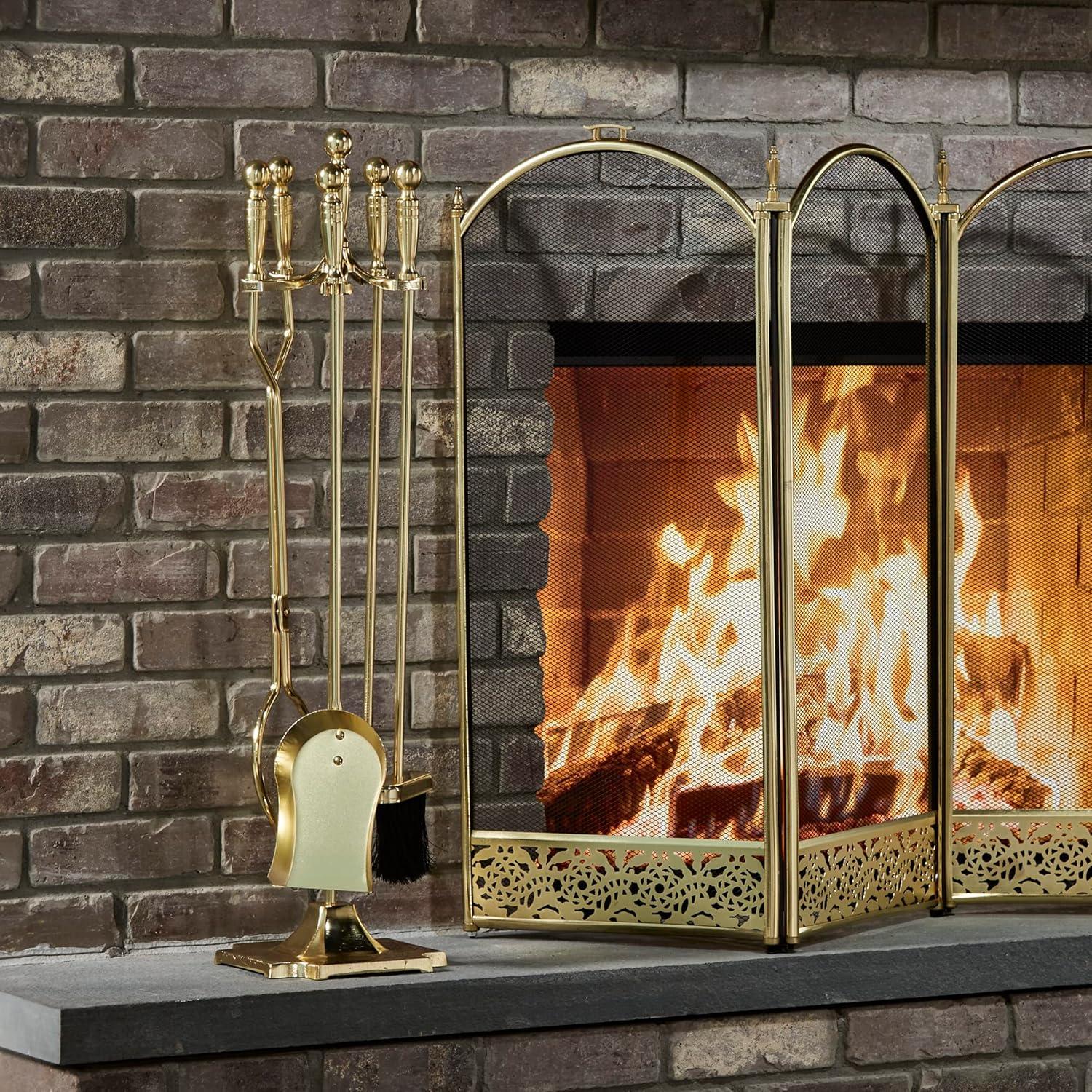 Polished Brass 5-Piece Fireplace Tool Set with Steel Construction