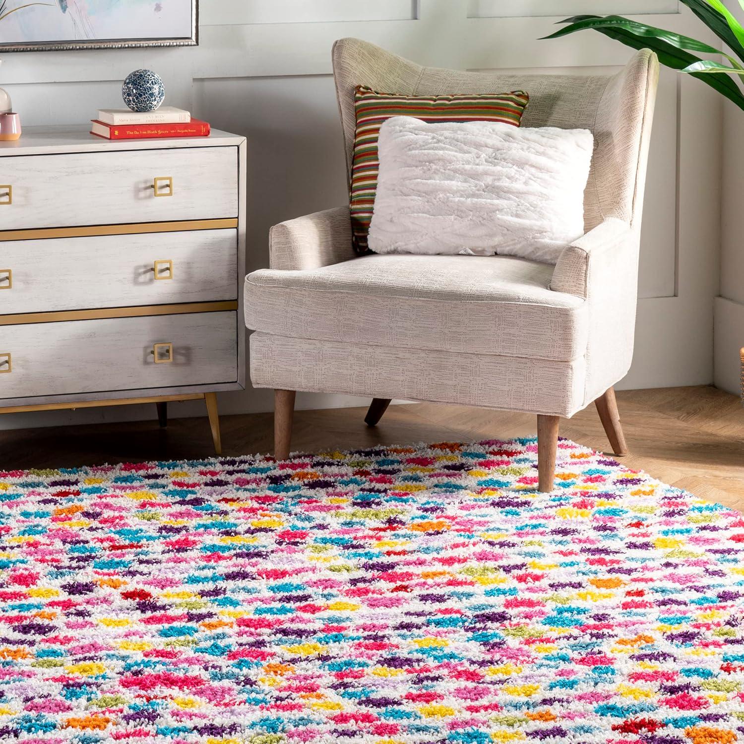 Radiant Rainbow Polka Dot 9' x 12' Multicolor Shag Area Rug