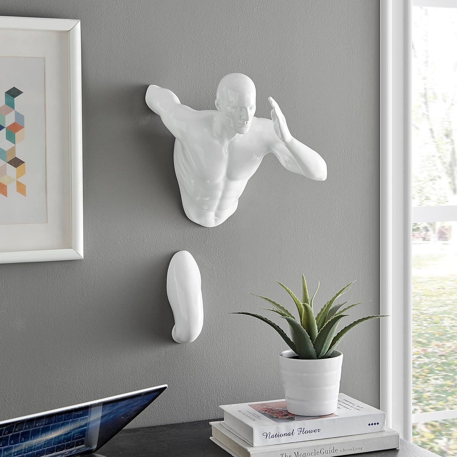 Glossy White Resin Wall Runner Sculpture, 20" Athletic Figure