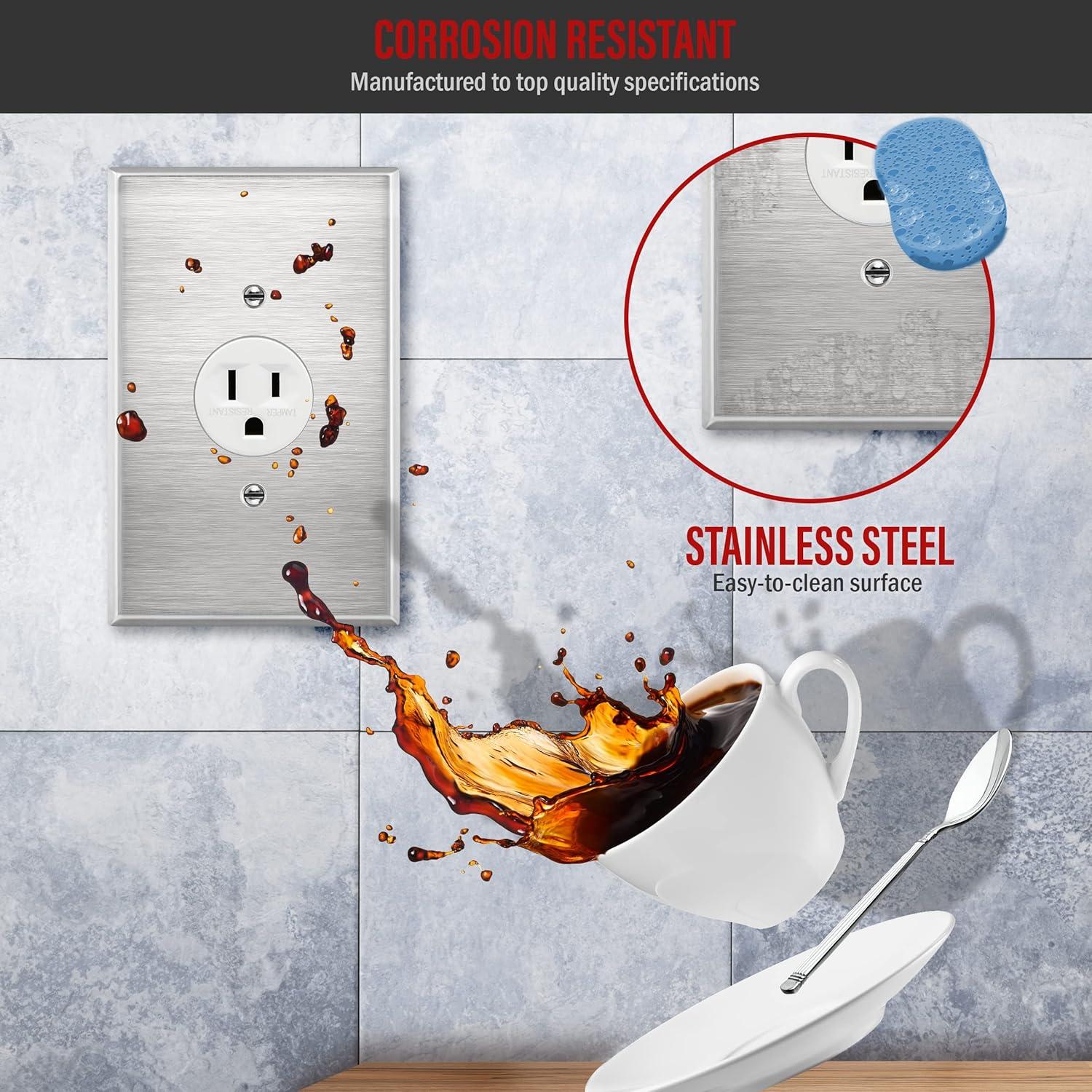 ENERLITES 1.406" Hole Single Receptacle Outlet Metal Wall Plate, Corrosive Resistant, Over Size 1-Gang 5.5" x 3.5", 7751O, 430 Stainless Steel, UL Listed, Silver
