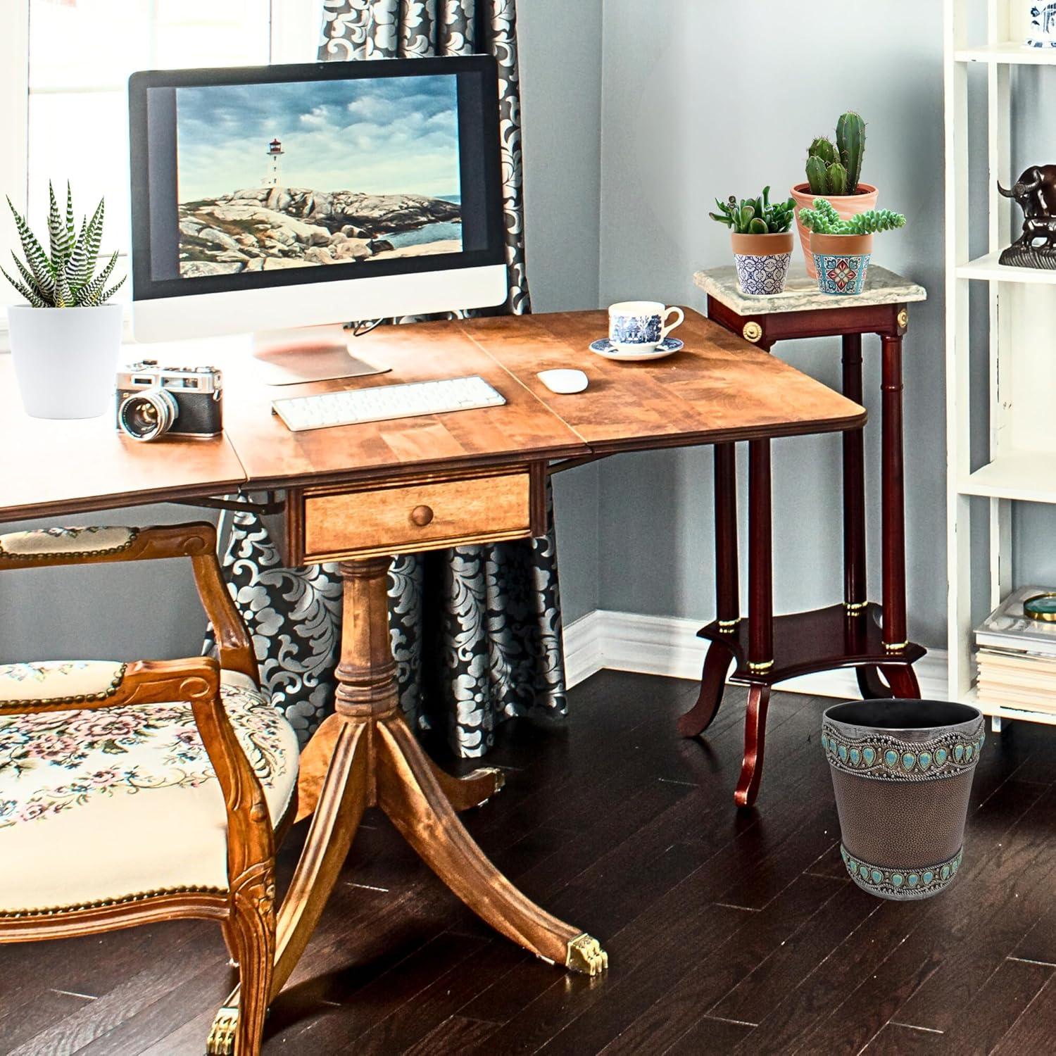 Decor Idea Decorative Resin Faux Leather Small Wastebasket with Turquoise Gem - Southwestern Rustic Trash Bin
