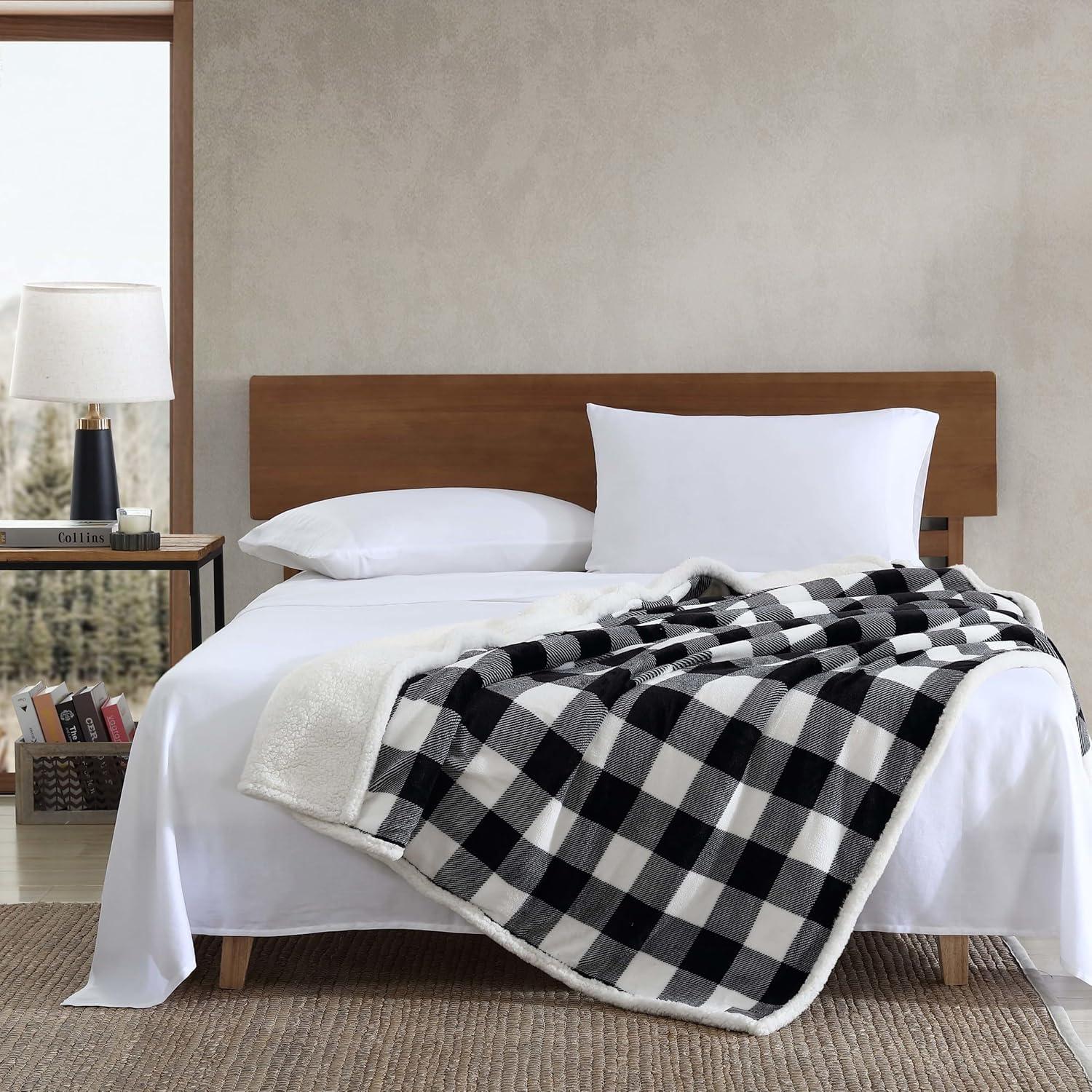 50"x60" Cabin Plaid Reversible Throw Blanket Black/White - Eddie Bauer: Soft, Lightweight, Ideal for Travel