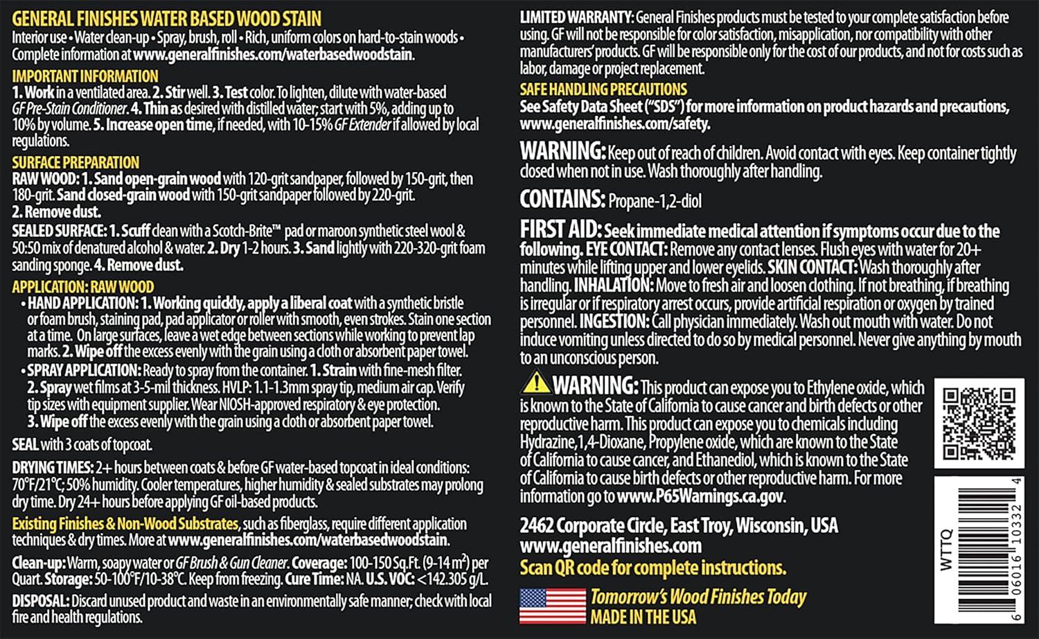 General Finishes Wood Stain, Water Based, Tobacco Stain, Quart