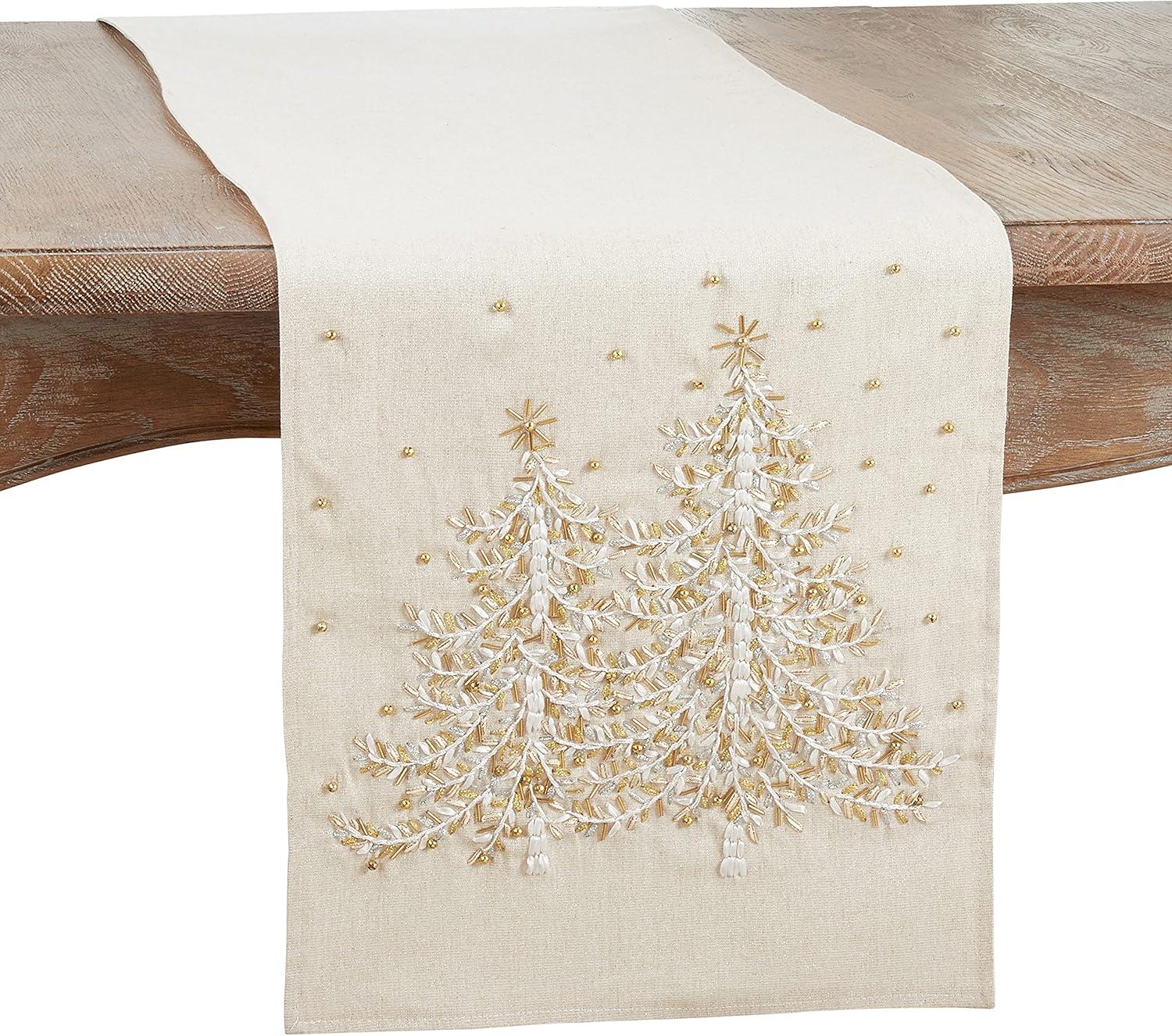 Natural Embroidered Christmas Tree Table Runner, 14" x 72"