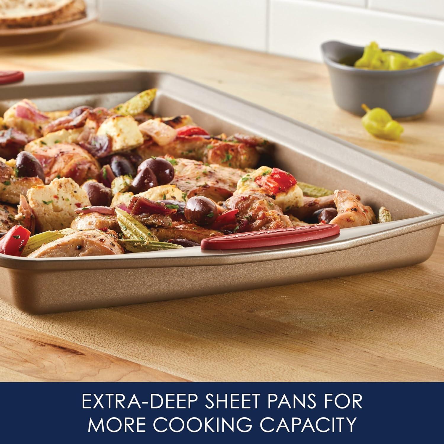 Rachael Ray Cucina Nonstick Bakeware Baking Pans Set, 10 Piece, Latte Brown and Cranberry Red