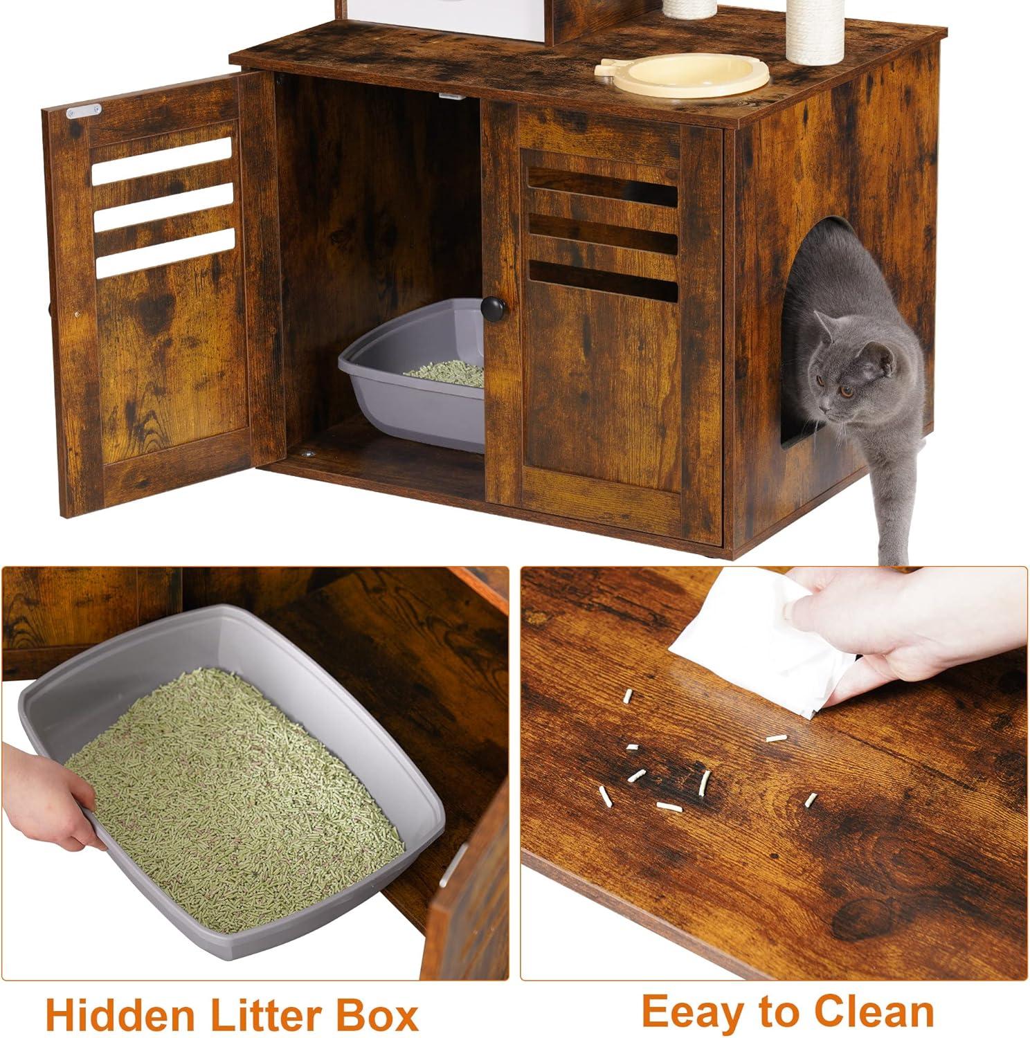 Wood Litter Box Enclosure with Food Station, All-in-one Indoor Cat Furniture with Large Platform and Condo