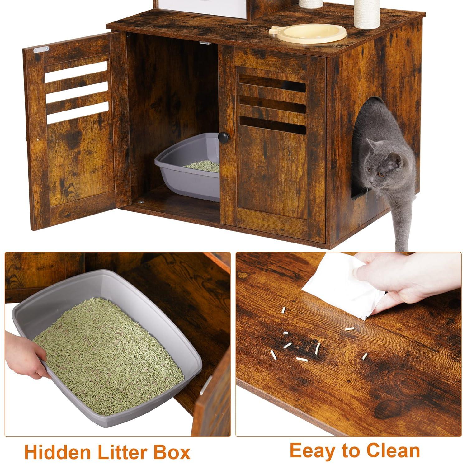 Wood Litter Box Enclosure with Food Station, All-in-one Indoor Cat Furniture with Large Platform and Condo