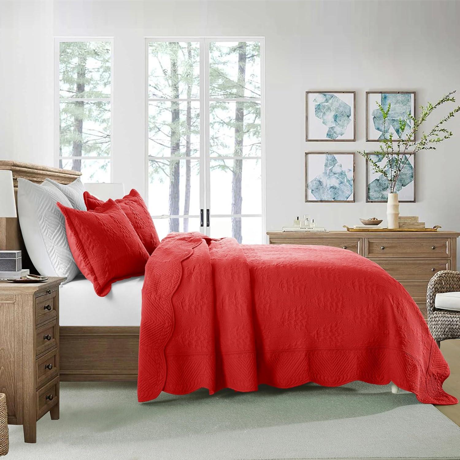 3 Pcs Festive Christmas Quilt Bedspread Set Holiday Bedding Medallion Red