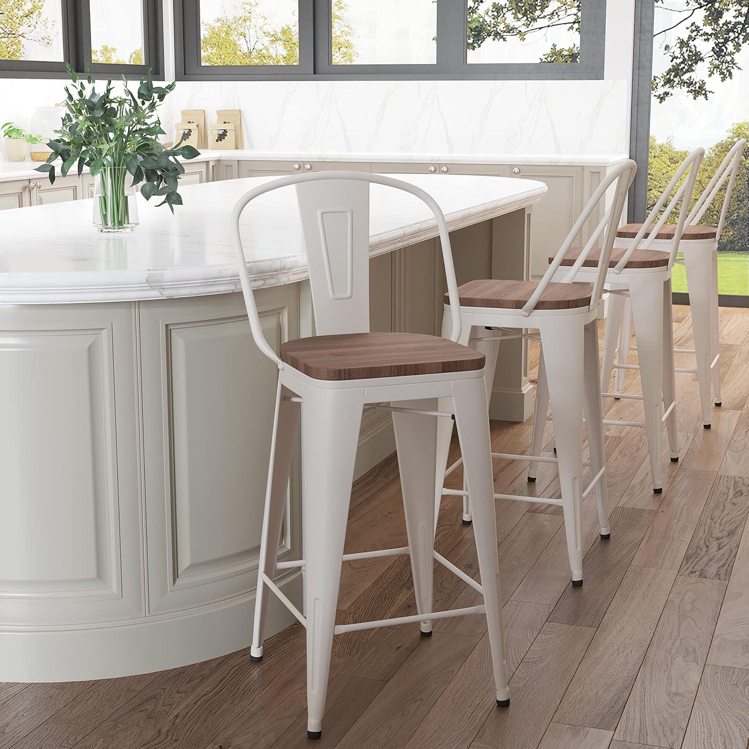 Aklaus Metal Bar Stools Set of 4,24 inch Barstools Counter Height Bar Stool with Back Farmhouse Bar Stools with Larger seat High Back Kitchen Dining Chairs Modern Bar Chairs White Cream Stool