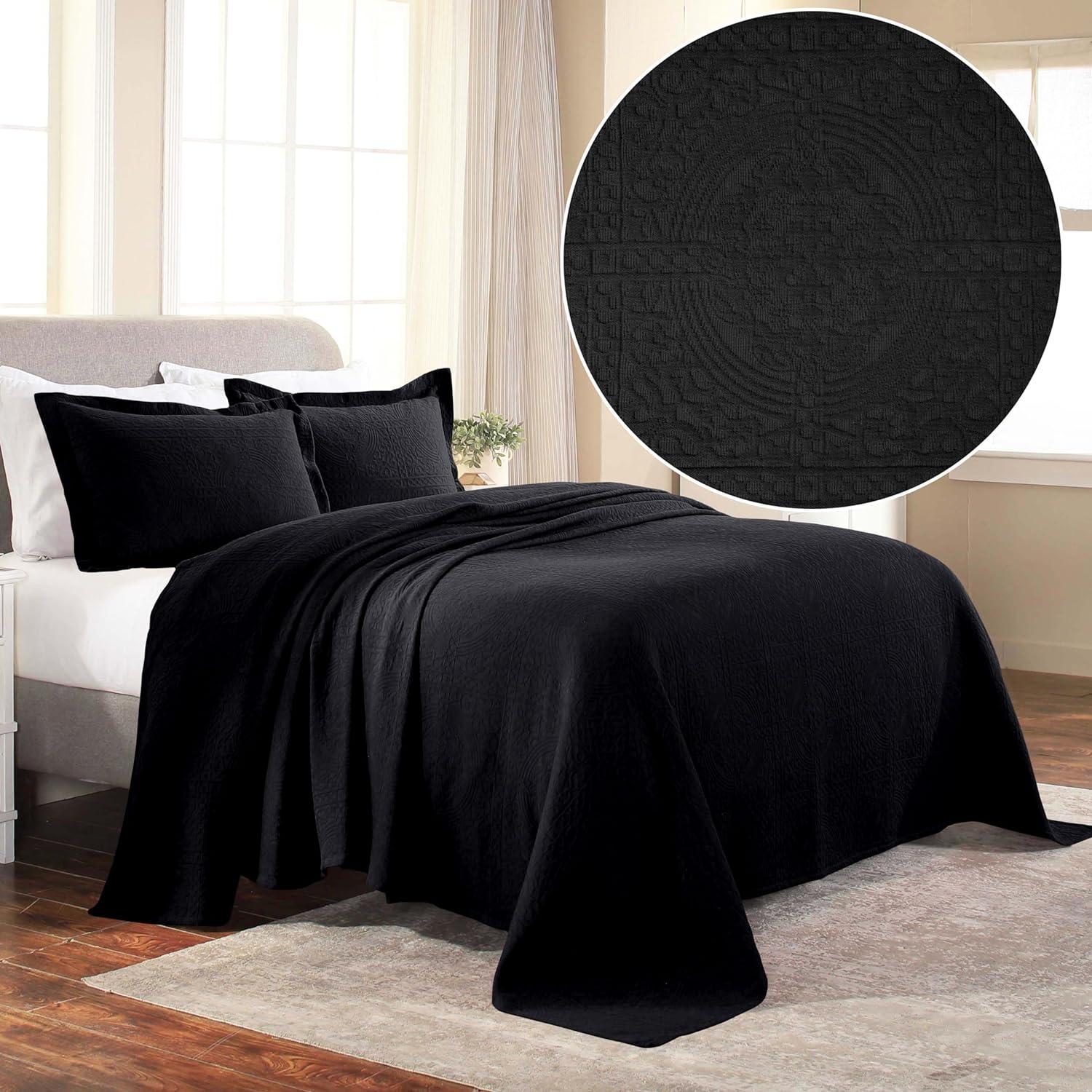 Superior Jacquard Matelasse Cotton Bedspread Set of 3 Pieces, Full, Black