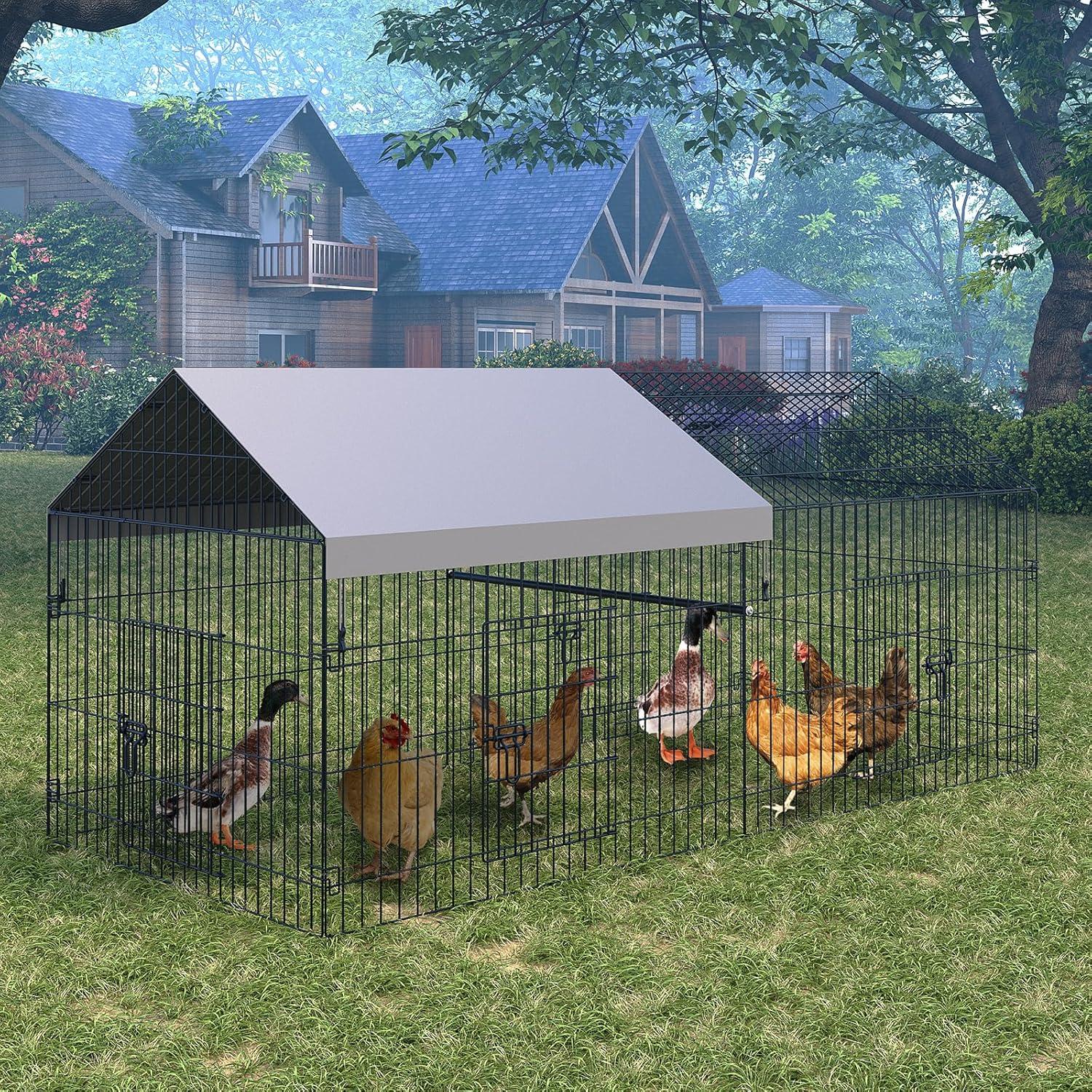 Metal Chicken Coop, 86 x 40 x 40 Inch Chicken Run for Yard with Waterproof Cover, Outdoor Portable Chicken Pen with 4 Doors, 1 Window, Chicken House for Small Animals Duck, Rabbit, Hen
