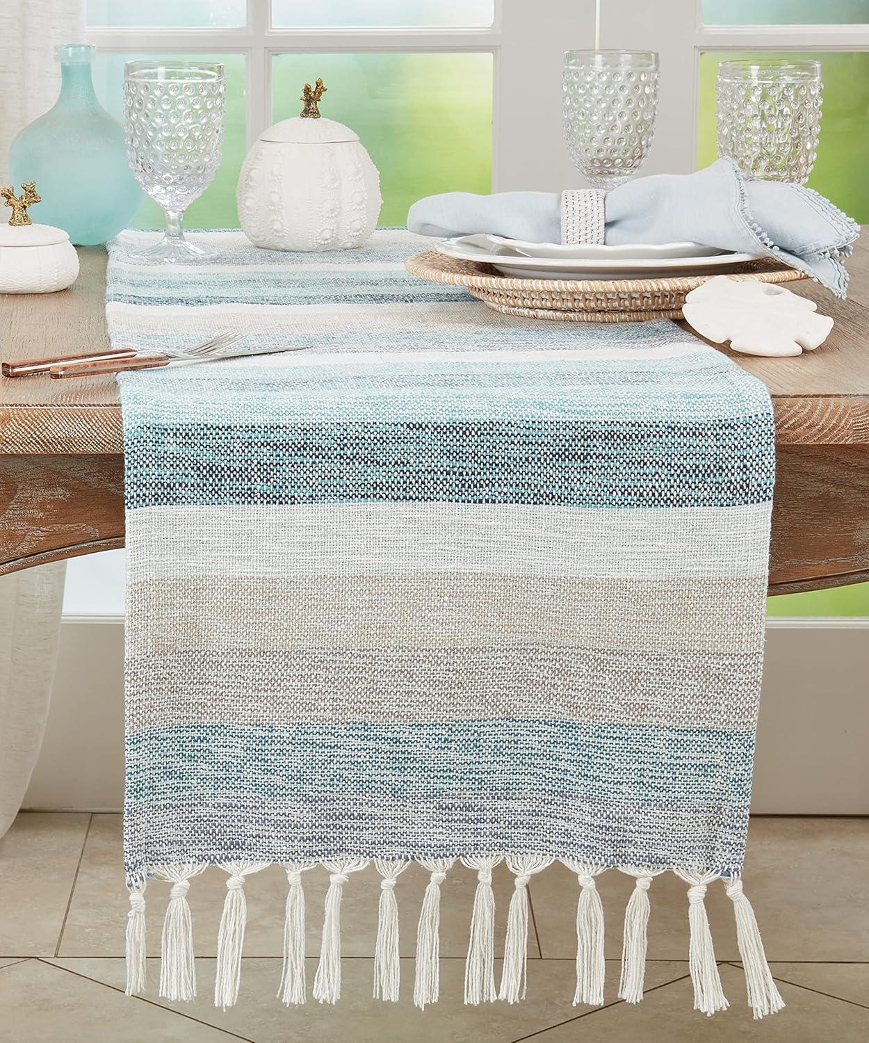 Coastal Blue Striped Cotton Table Runner with Fringe