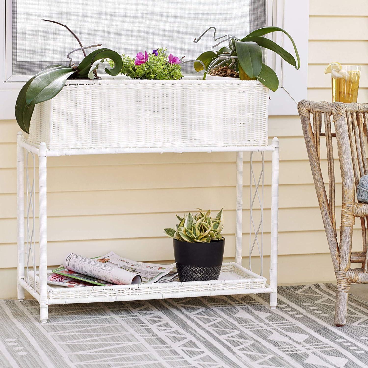 White Resin Wicker Two-Tier Indoor Outdoor Planter Stand