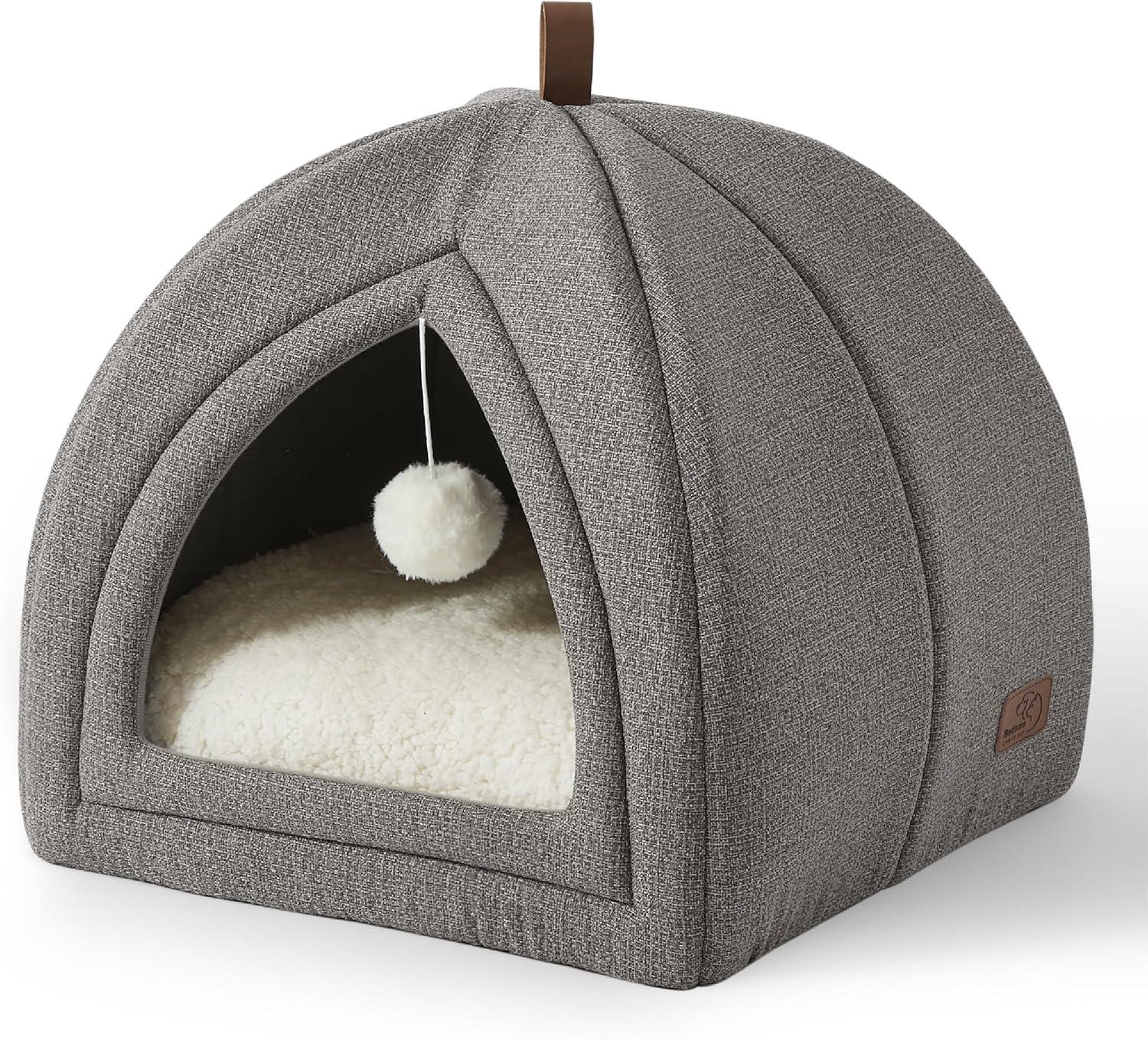 Bedsure Cat Beds for Indoor - 2 in 1 Cat Cave House Tent for Kittens and Small Pets with Removable Washable Cushioned Pillow, Foldable Kitten Hideaway with Non-Slip Bottom, Grey, 16 inches