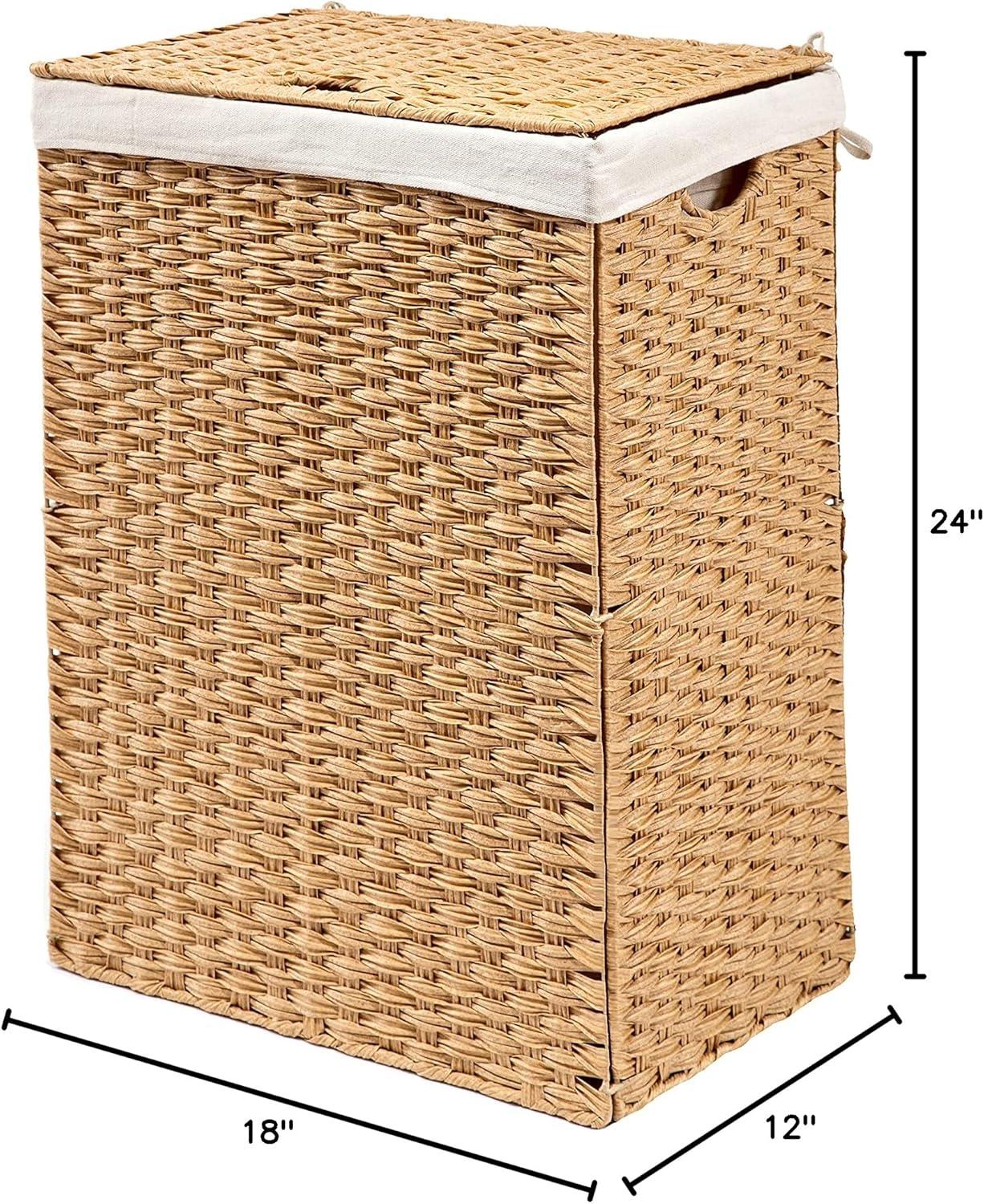 Seville Classics Handwoven Lidded Removable Washable Canvas Liner Portable Laundry Hamper Bin, Tan