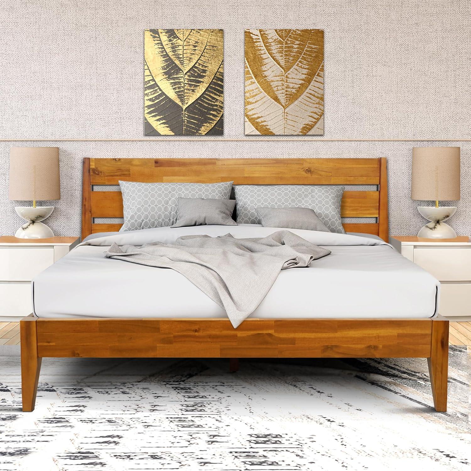 Acacia Premium Emery Solid Wood Platform Bed Frame with Headboard Included, No Box Spring Needed, Weight Capacity 800lb.