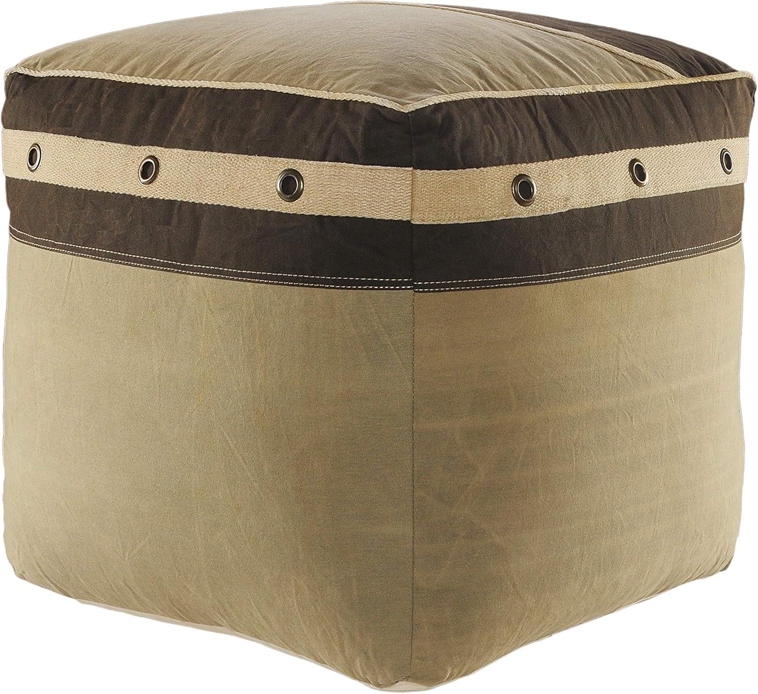 Rustic Farmhouse Striped Border Pouf in Gray/Brown, 20" Cube