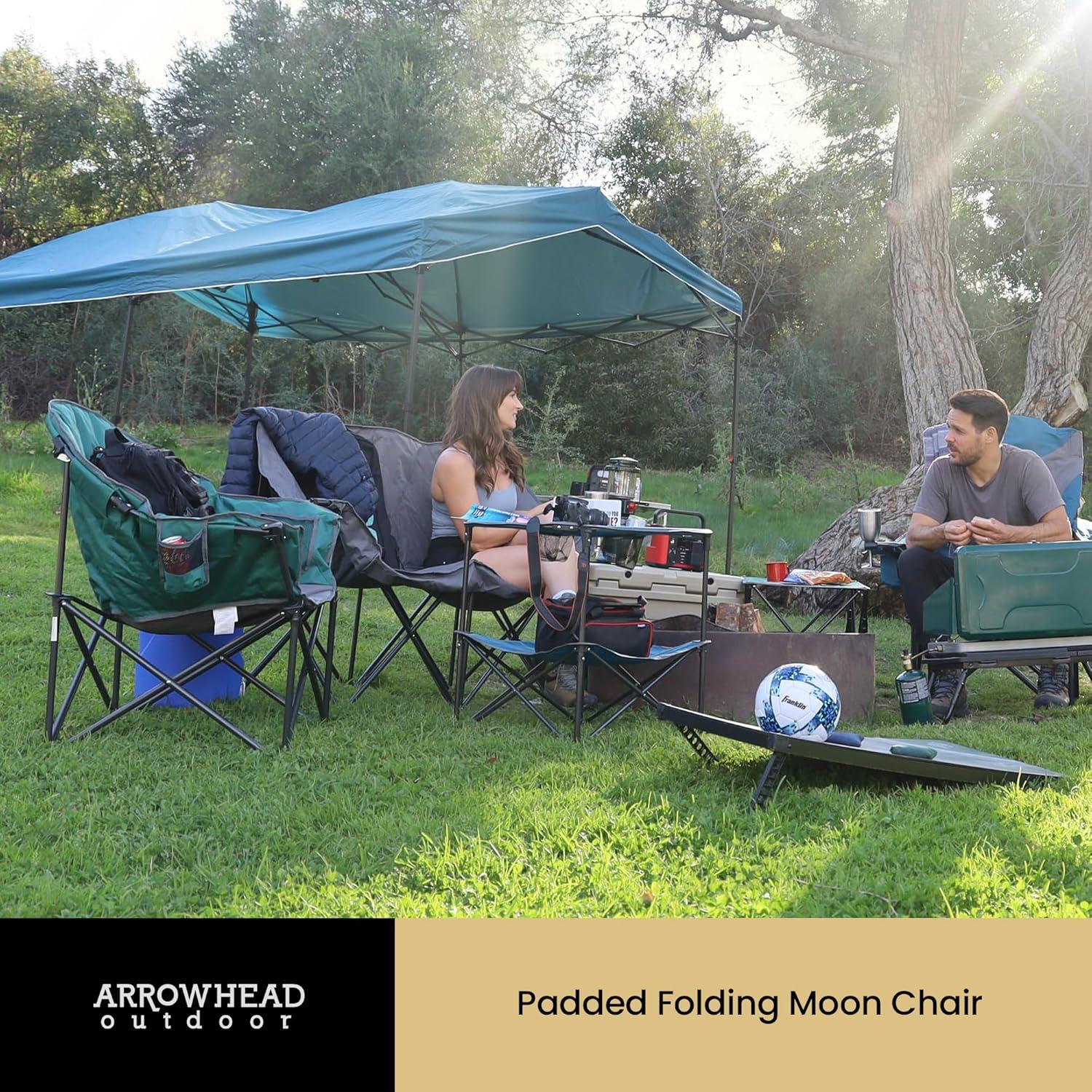 Arrowhead Outdoor Oversized Heavy-Duty Club Folding Camping Chair w/External Pocket, Cup Holder, Portable, Padded, Moon, Round, Bag (Forest Green)