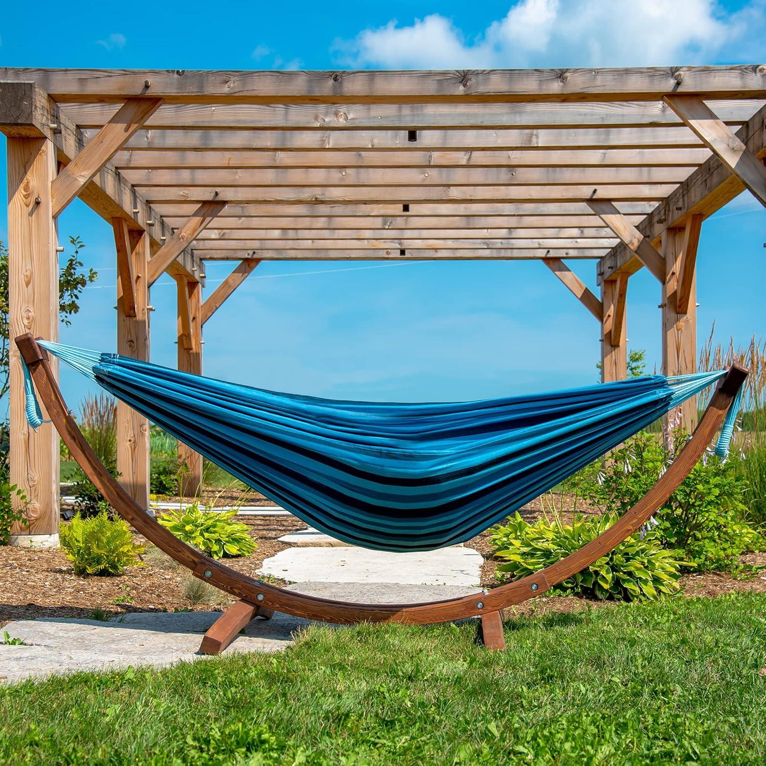 Vivere 8ft Double Cotton Hammock with Solid Pine Arc Stand - Blue Lagoon Color